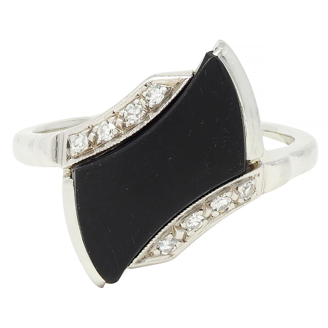 Mid-Century Onyx Diamond 18 Karat White Gold Vintage Bypass Ring