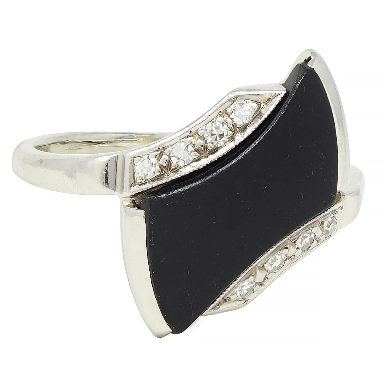 Mid-Century Onyx Diamond 18 Karat White Gold Vintage Bypass Ring