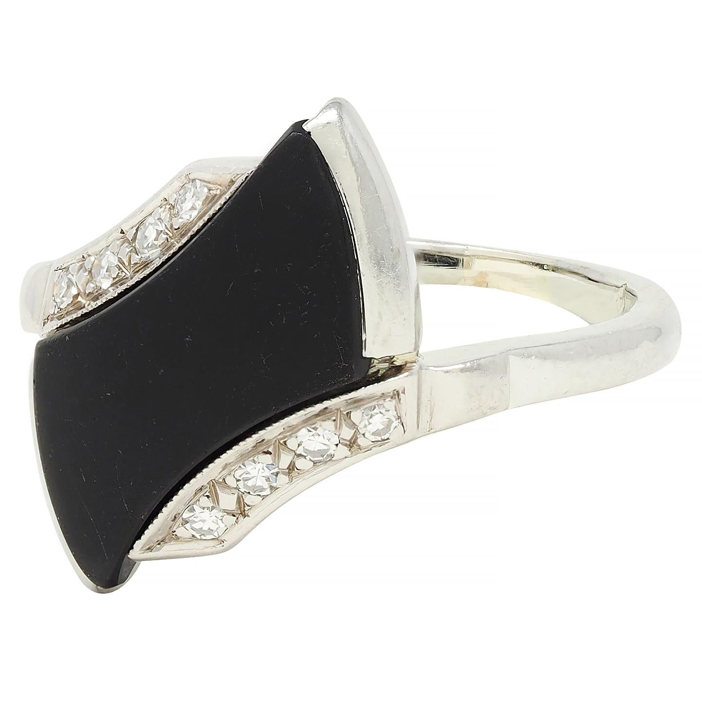 Mid-Century Onyx Diamond 18 Karat White Gold Vintage Bypass Ring