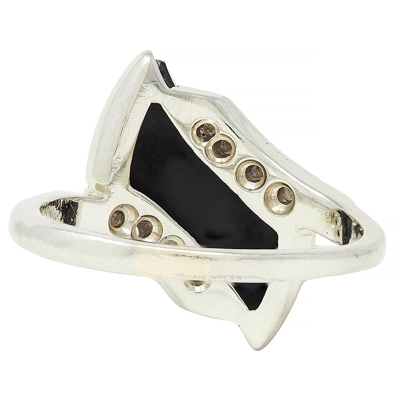 Mid-Century Onyx Diamond 18 Karat White Gold Vintage Bypass Ring