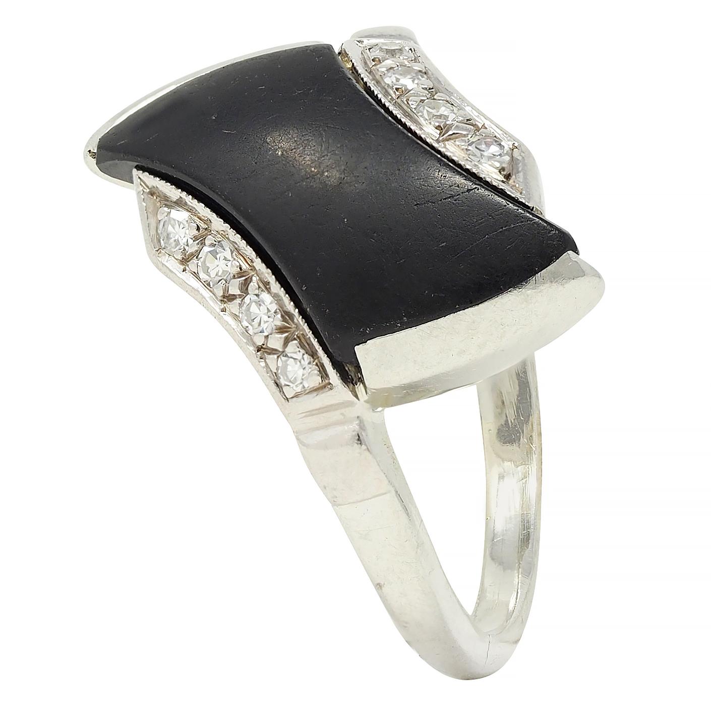 Mid-Century Onyx Diamond 18 Karat White Gold Vintage Bypass Ring