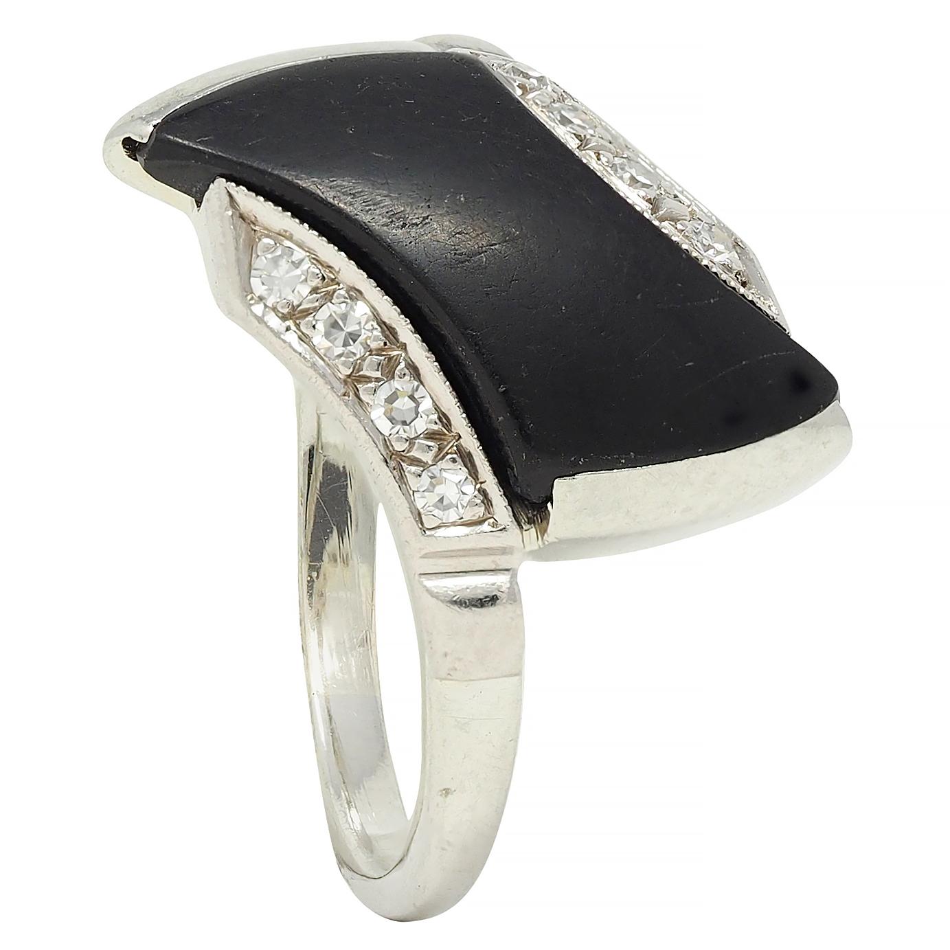 Mid-Century Onyx Diamond 18 Karat White Gold Vintage Bypass Ring