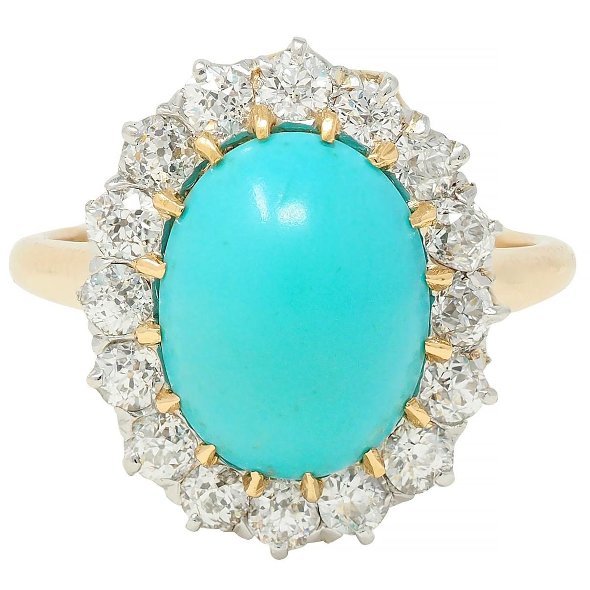 Edwardian Turquoise European Diamond Platinum 14K Yellow Gold Antique Halo Ring