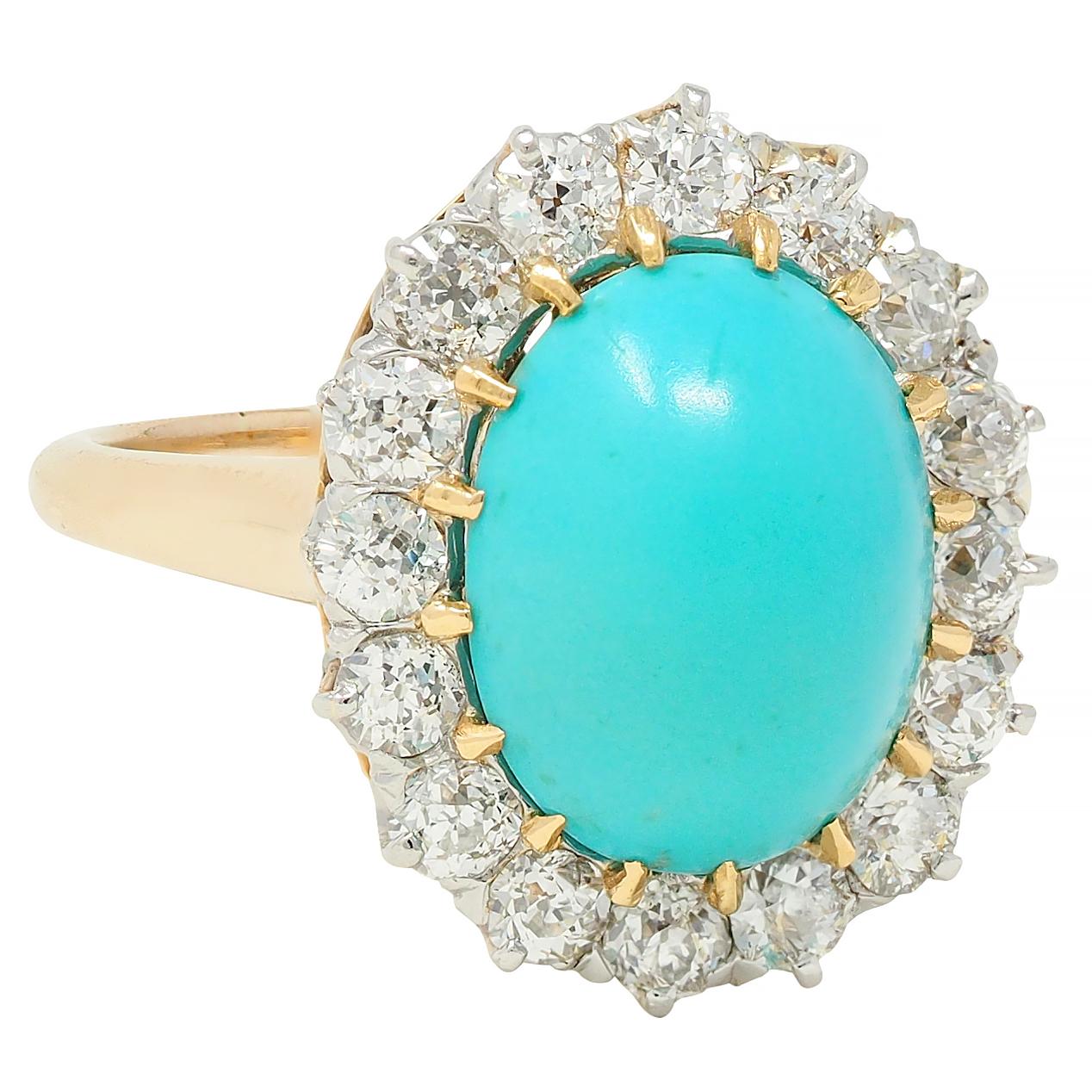 Edwardian Turquoise European Diamond Platinum 14K Yellow Gold Antique Halo Ring