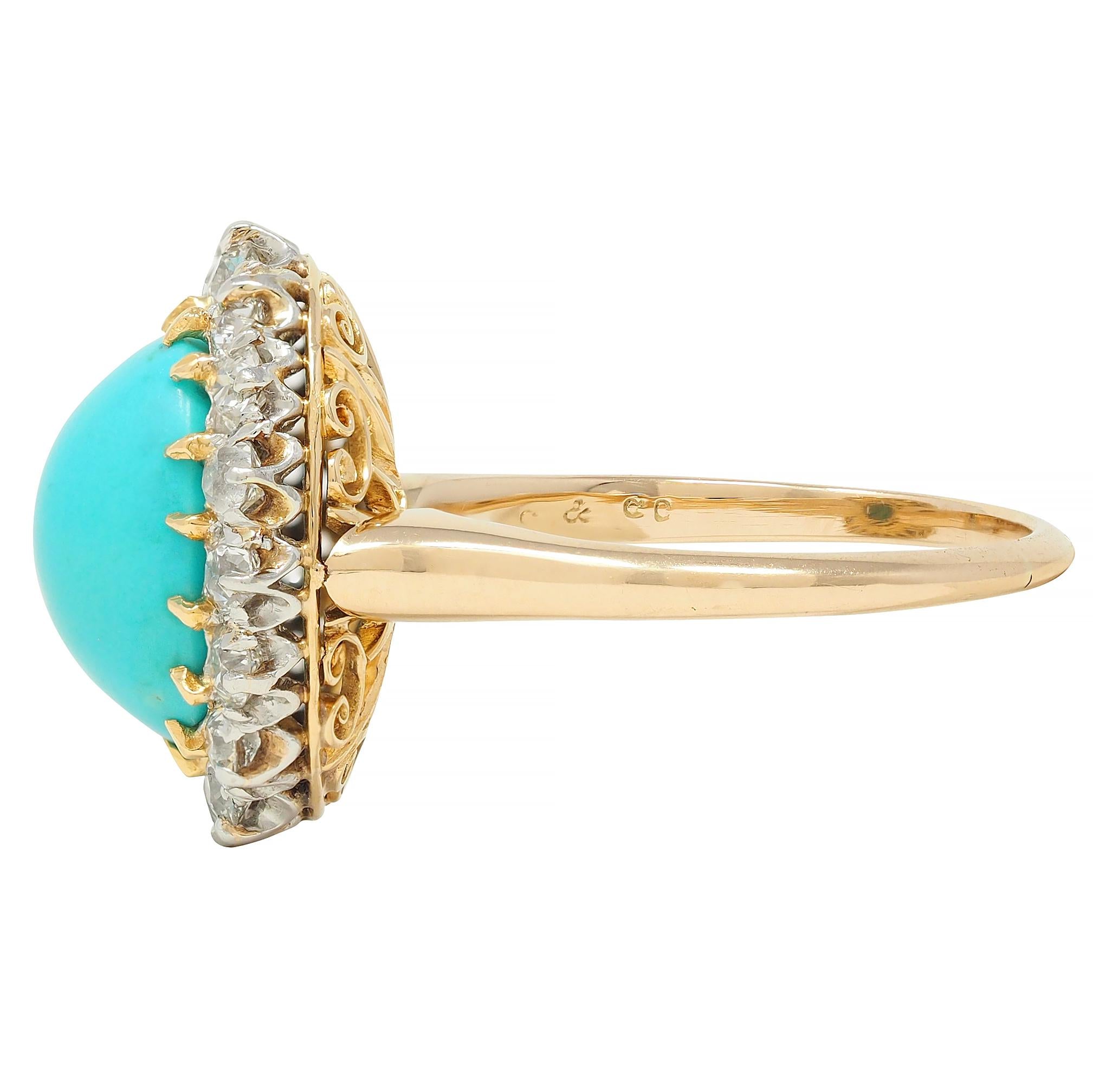 Edwardian Turquoise European Diamond Platinum 14K Yellow Gold Antique Halo Ring