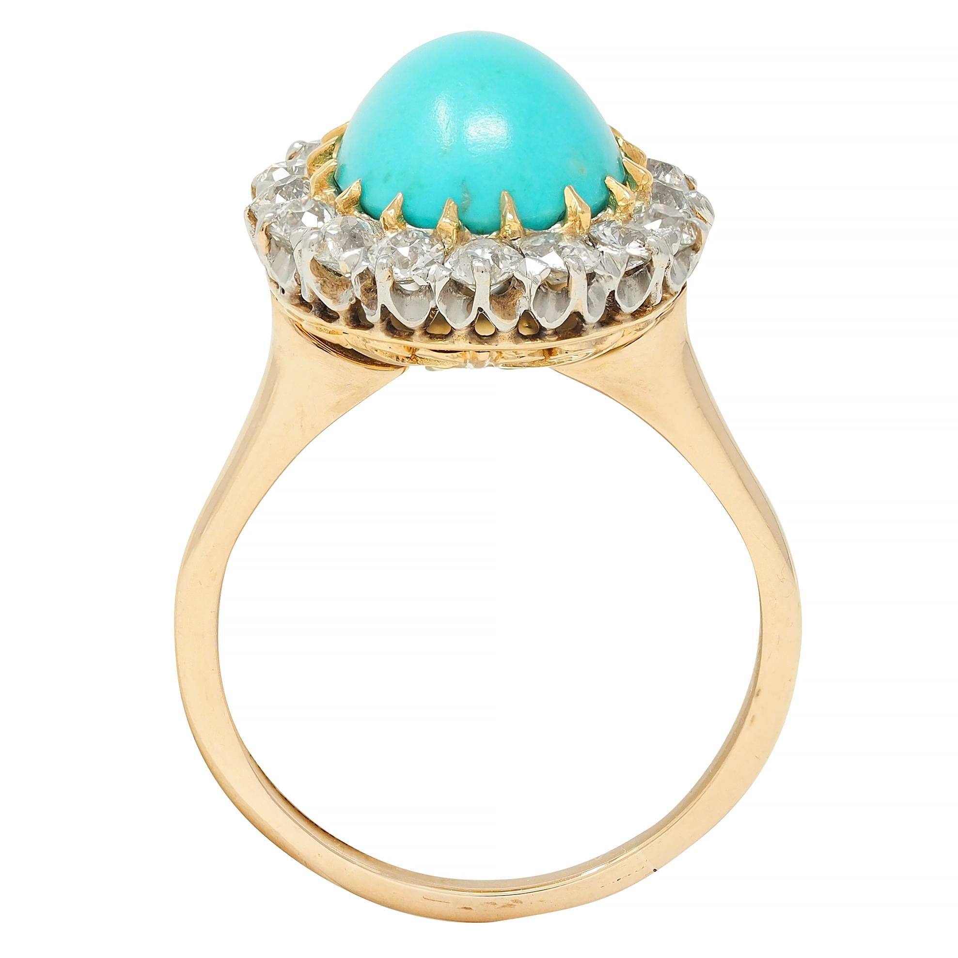 Edwardian Turquoise European Diamond Platinum 14K Yellow Gold Antique Halo Ring