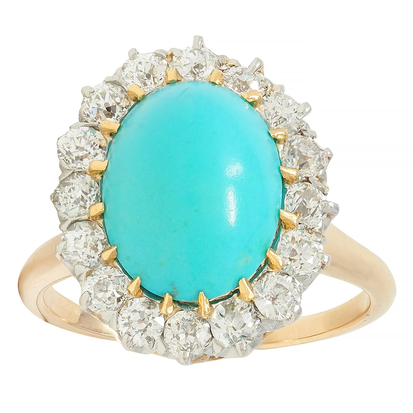 Edwardian Turquoise European Diamond Platinum 14K Yellow Gold Antique Halo Ring