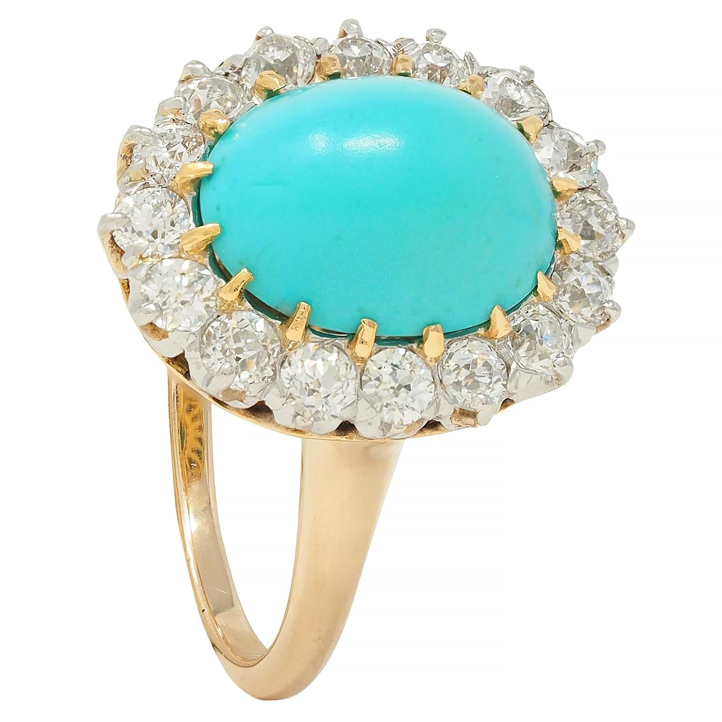 Edwardian Turquoise European Diamond Platinum 14K Yellow Gold Antique Halo Ring