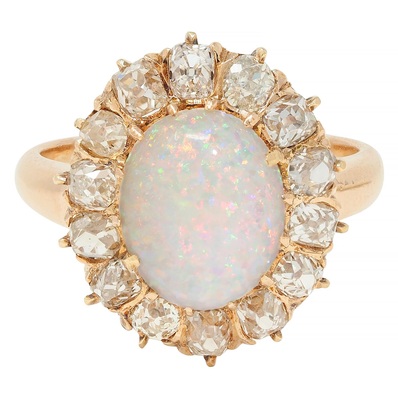 Vintage 1.40 CTW Old Mine Diamond Opal 14 Karat Rose Gold Halo Ring