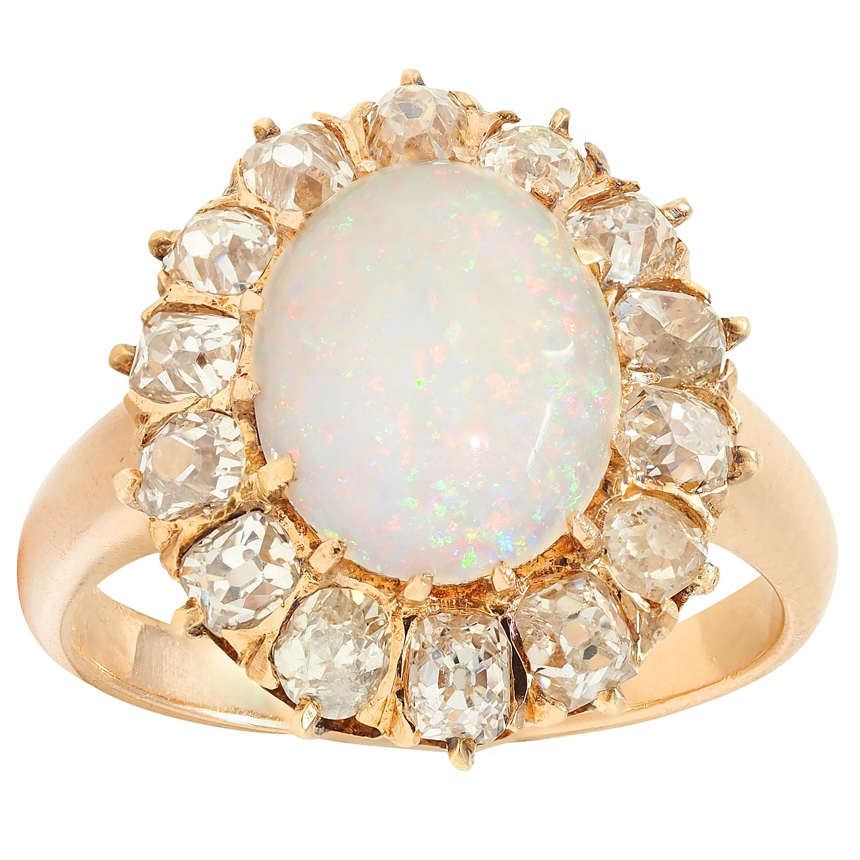 Vintage 1.40 CTW Old Mine Diamond Opal 14 Karat Rose Gold Halo Ring