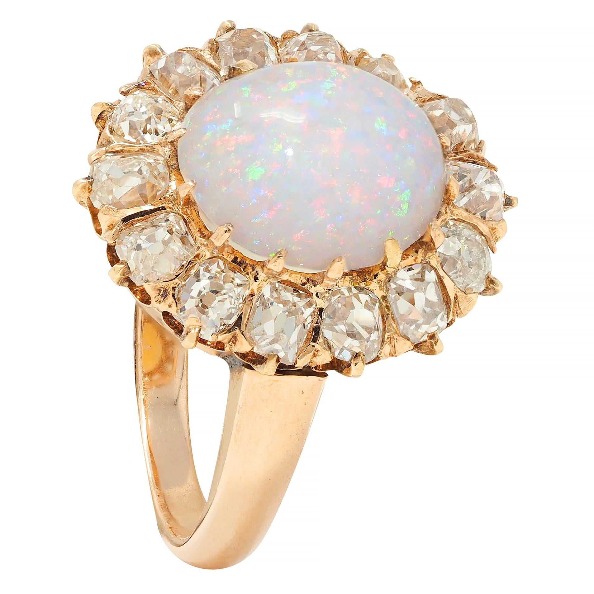 Vintage 1.40 CTW Old Mine Diamond Opal 14 Karat Rose Gold Halo Ring