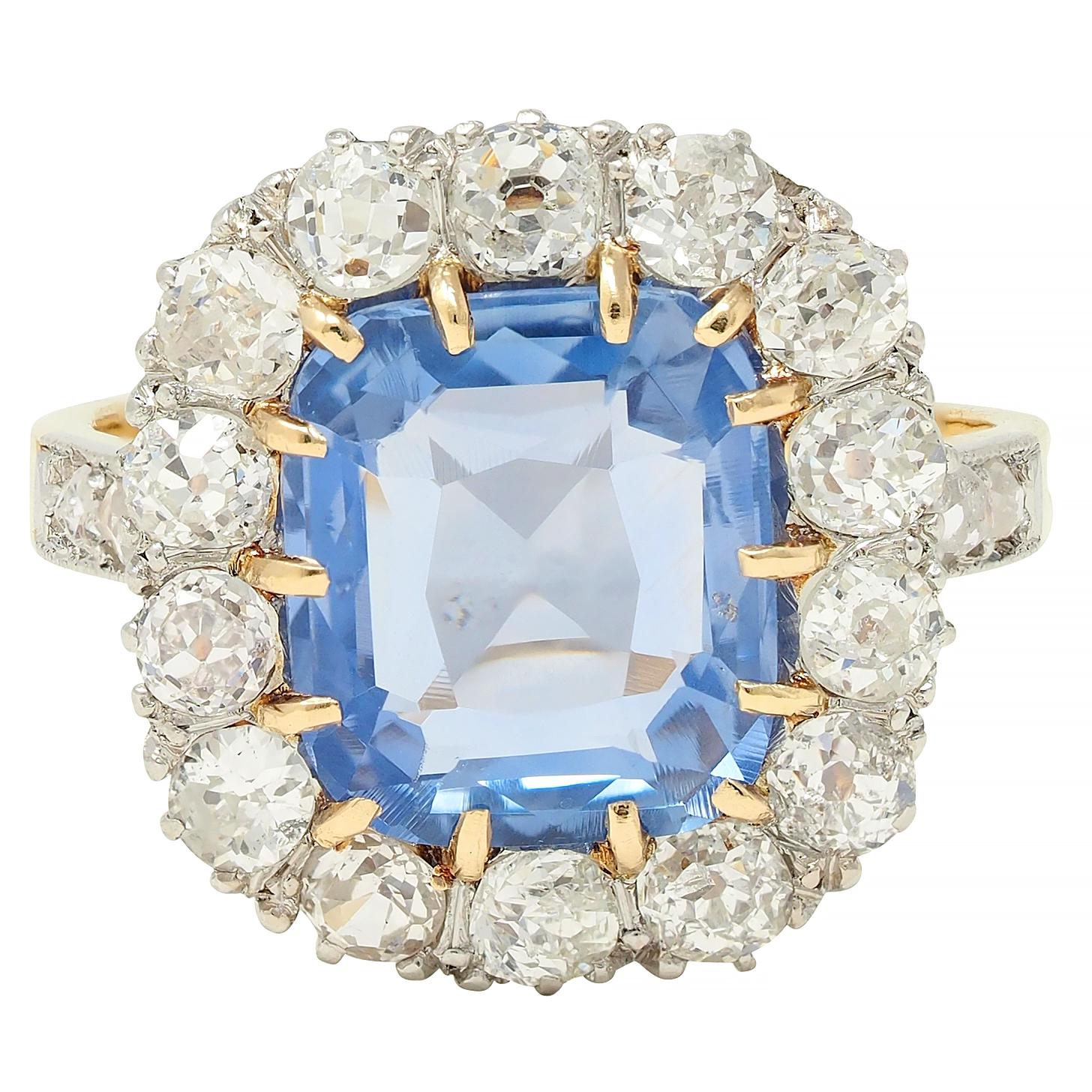 Edwardian 5.29 CTW No Heat Ceylon Sapphire Diamond Platinum 18K Gold Halo Ring