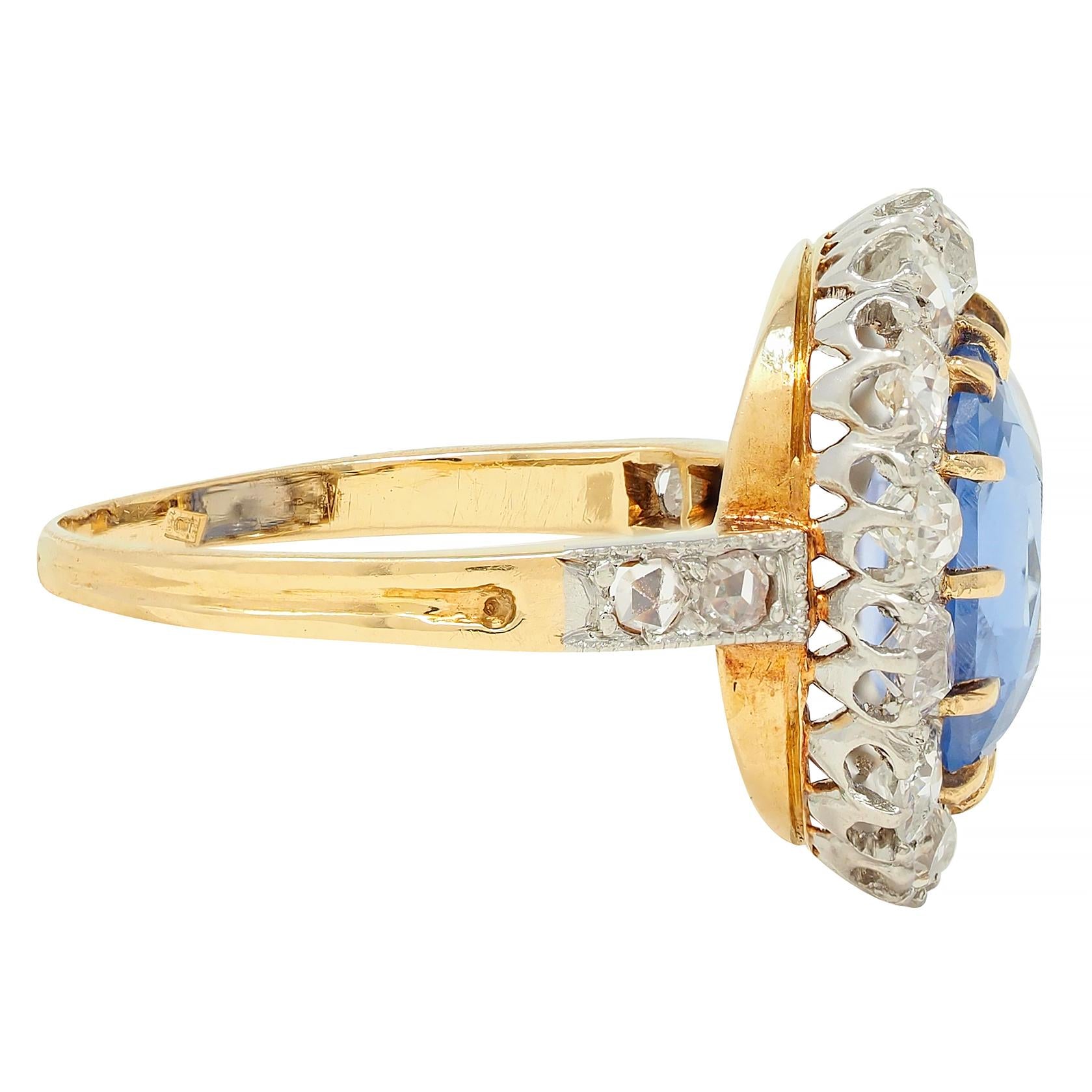 Edwardian 5.29 CTW No Heat Ceylon Sapphire Diamond Platinum 18K Gold Halo Ring