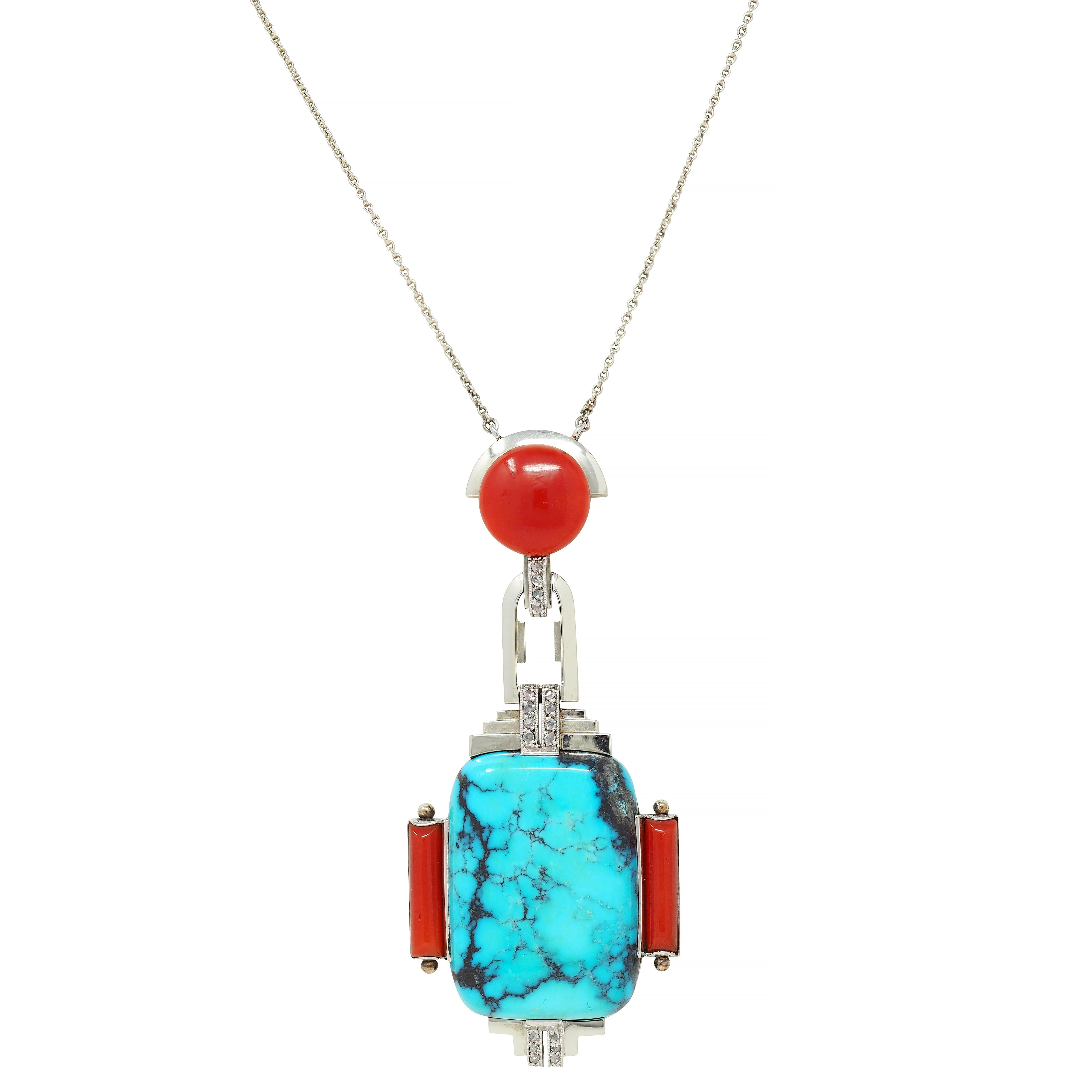 Art Deco Diamond Coral Turquoise 18 Karat White Gold Vintage Pendant Necklace