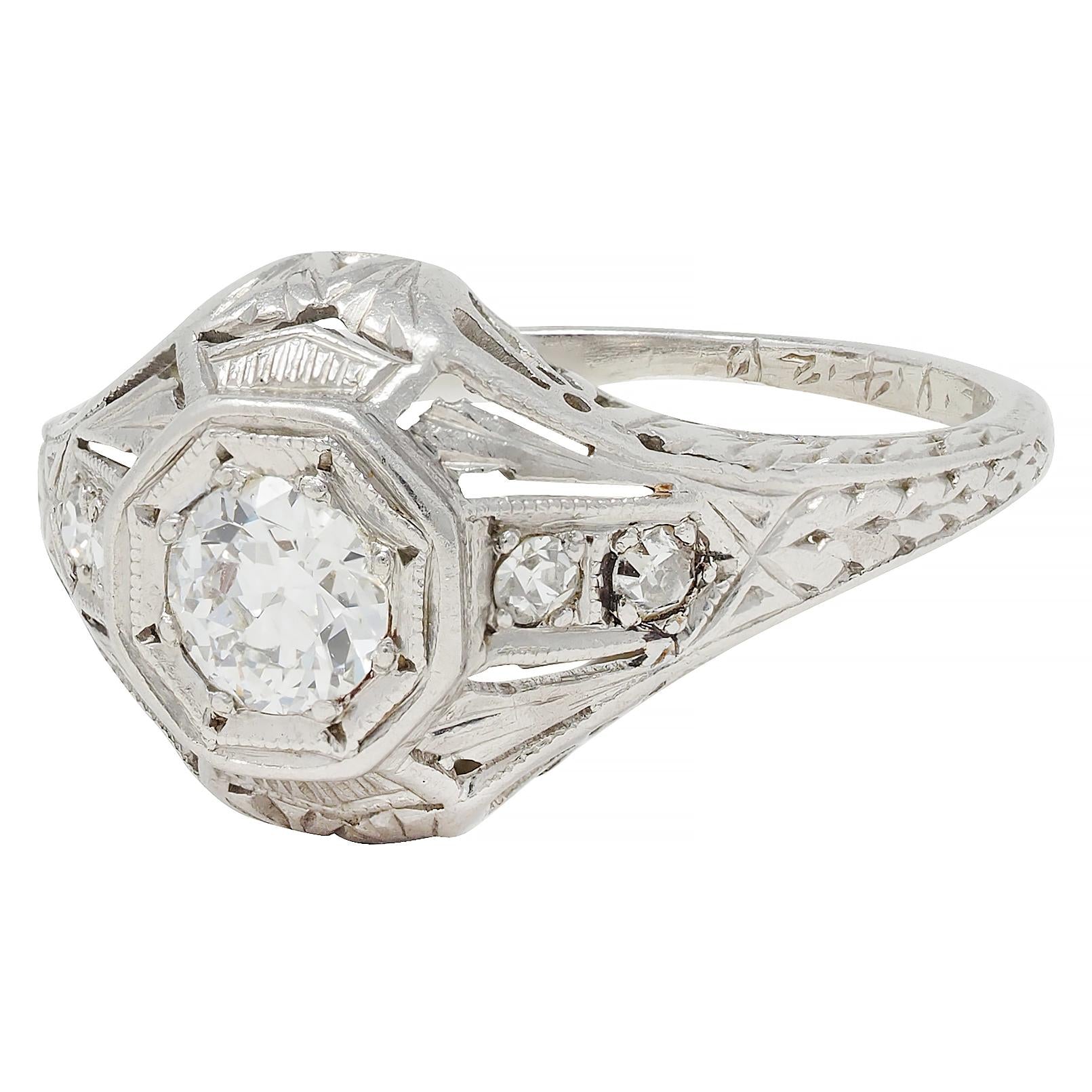 1926 Art Deco 0.38 CTW Old European Diamond Platinum Vintage Engagement Ring