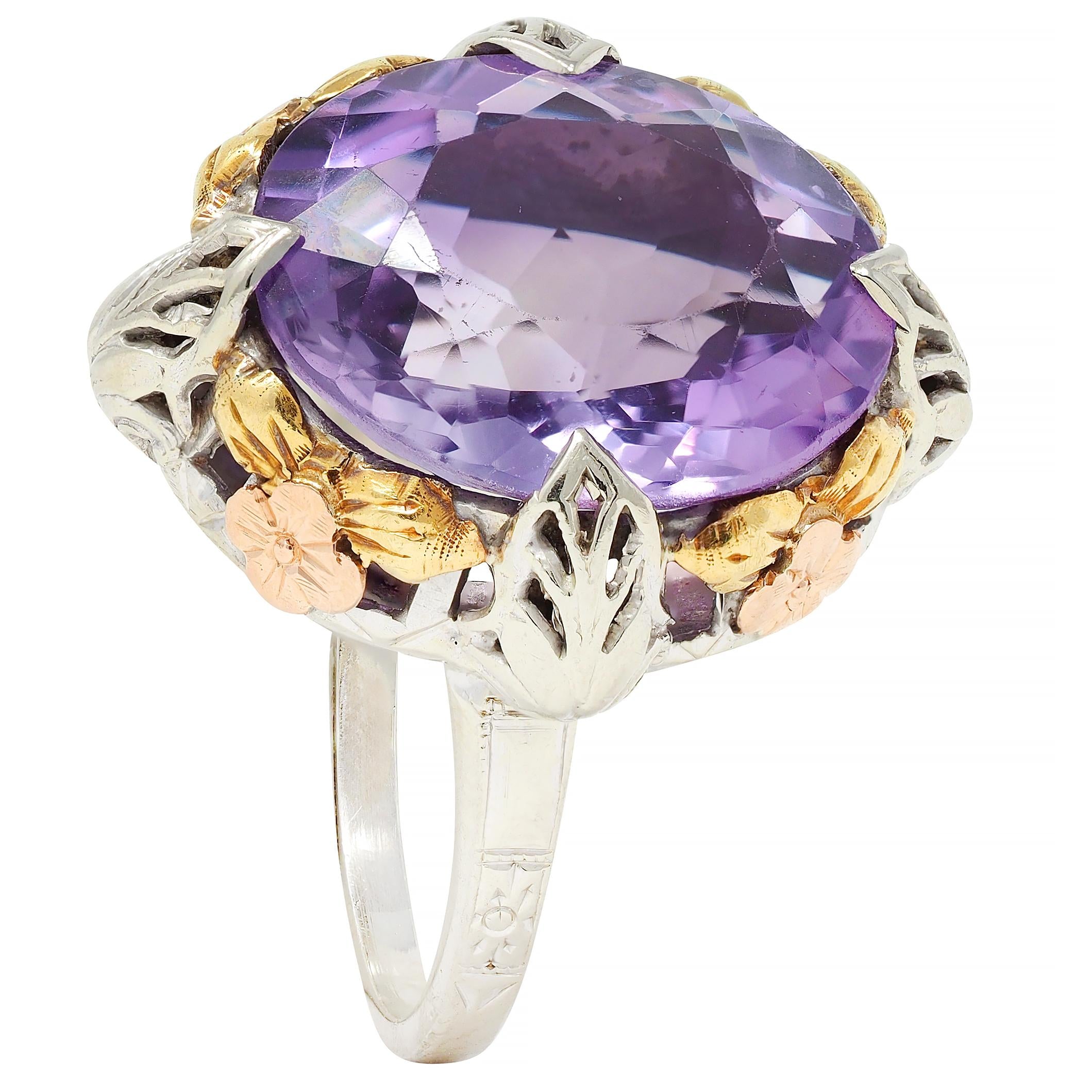 Art Deco Amethyst 14 Karat Tri-Gold Vintage Orange Blossom Cocktail Ring