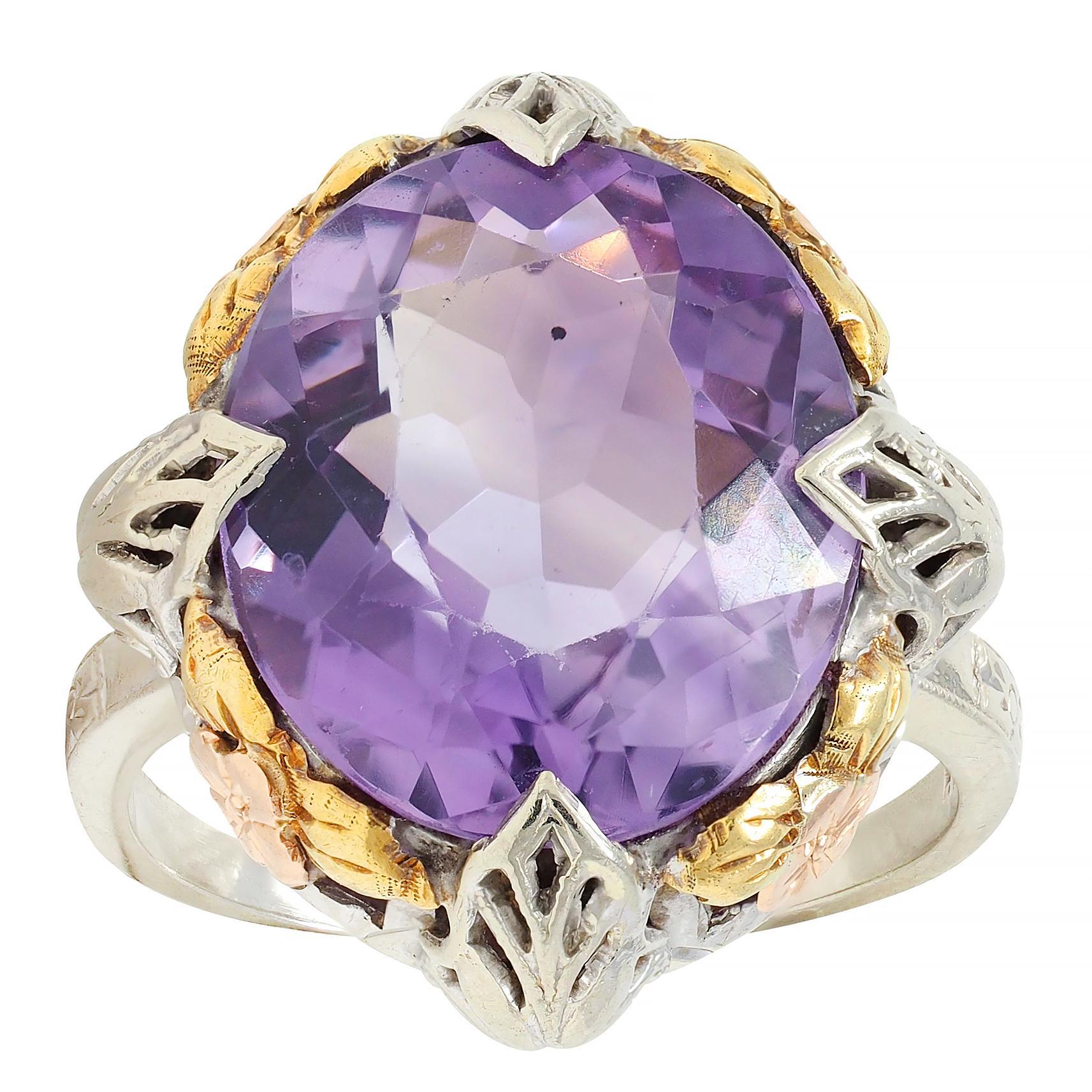 Art Deco Amethyst 14 Karat Tri-Gold Vintage Orange Blossom Cocktail Ring