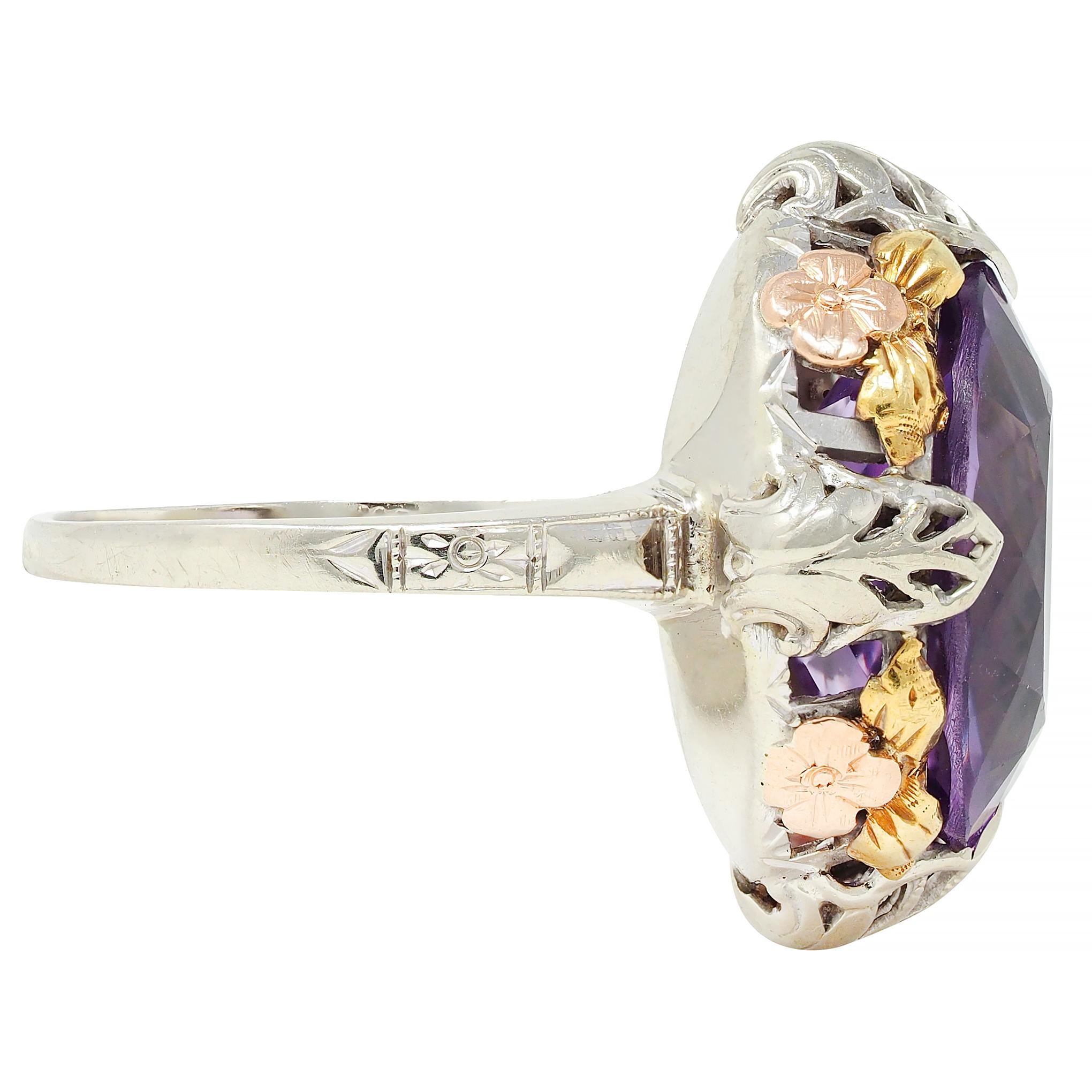 Art Deco Amethyst 14 Karat Tri-Gold Vintage Orange Blossom Cocktail Ring