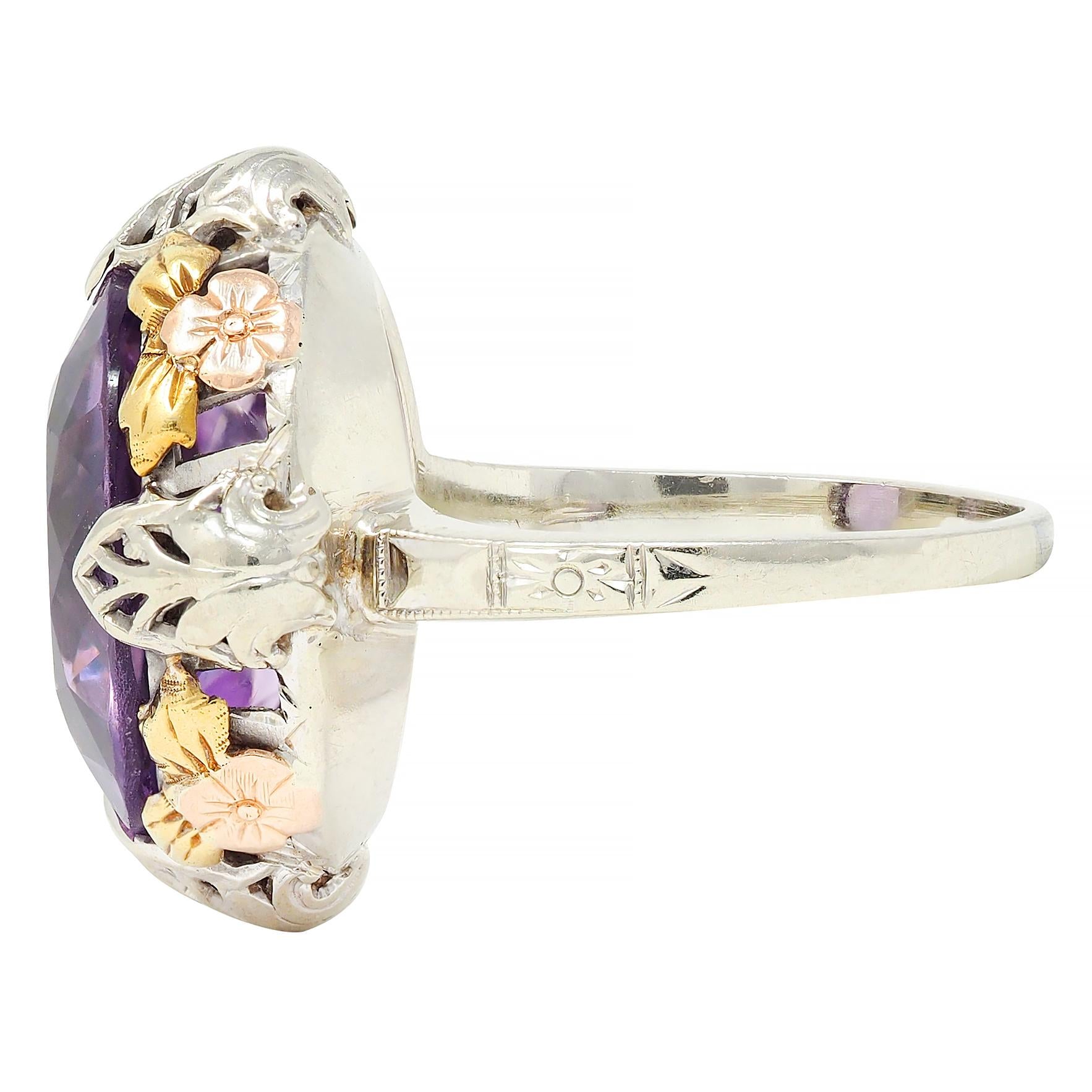 Art Deco Amethyst 14 Karat Tri-Gold Vintage Orange Blossom Cocktail Ring