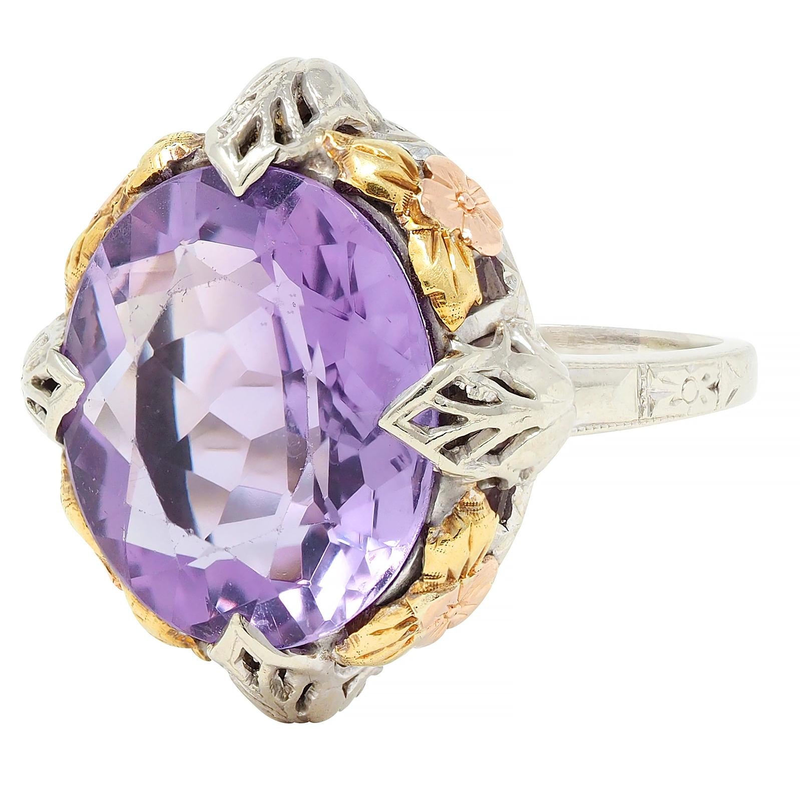 Art Deco Amethyst 14 Karat Tri-Gold Vintage Orange Blossom Cocktail Ring