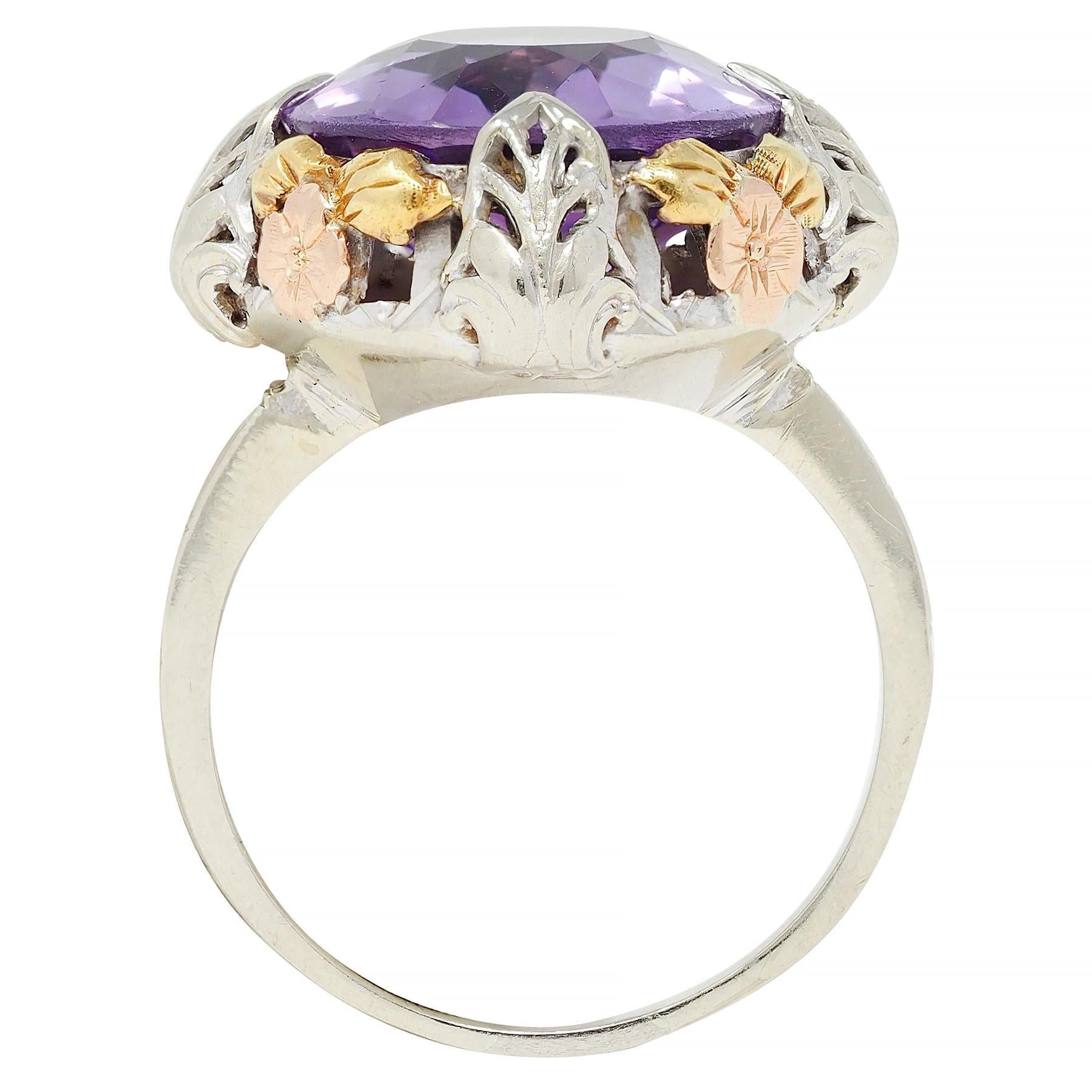 Art Deco Amethyst 14 Karat Tri-Gold Vintage Orange Blossom Cocktail Ring