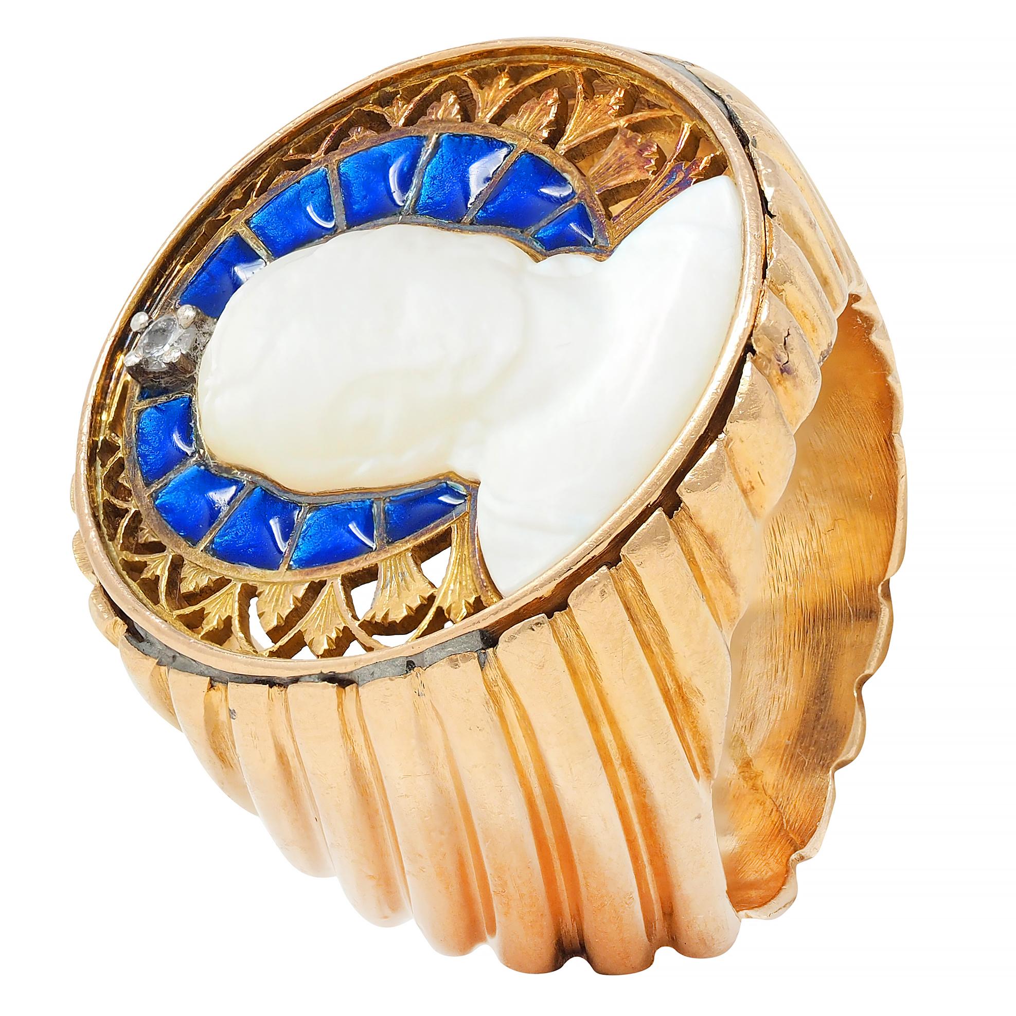 1960's Mother-Of-Pearl Diamond Enamel 18K Gold Vintage Rose Window Madonna Ring