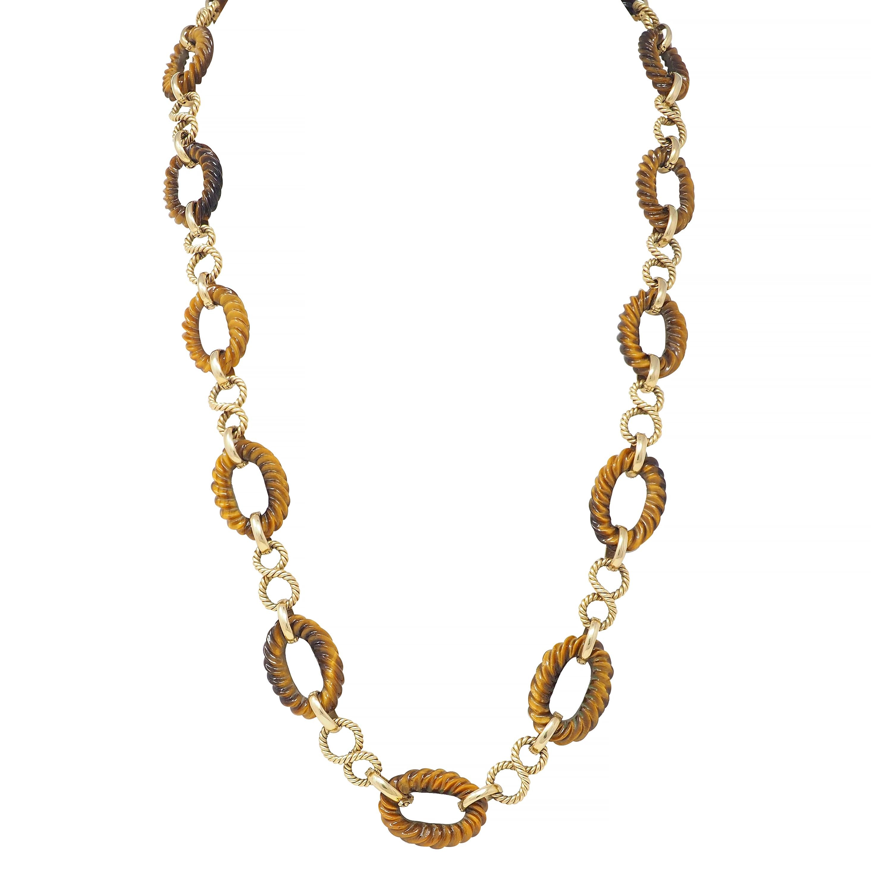 1960's Tiger's Eye 14 Karat Yellow Gold Vintage Twisted Rope Link Chain Necklace