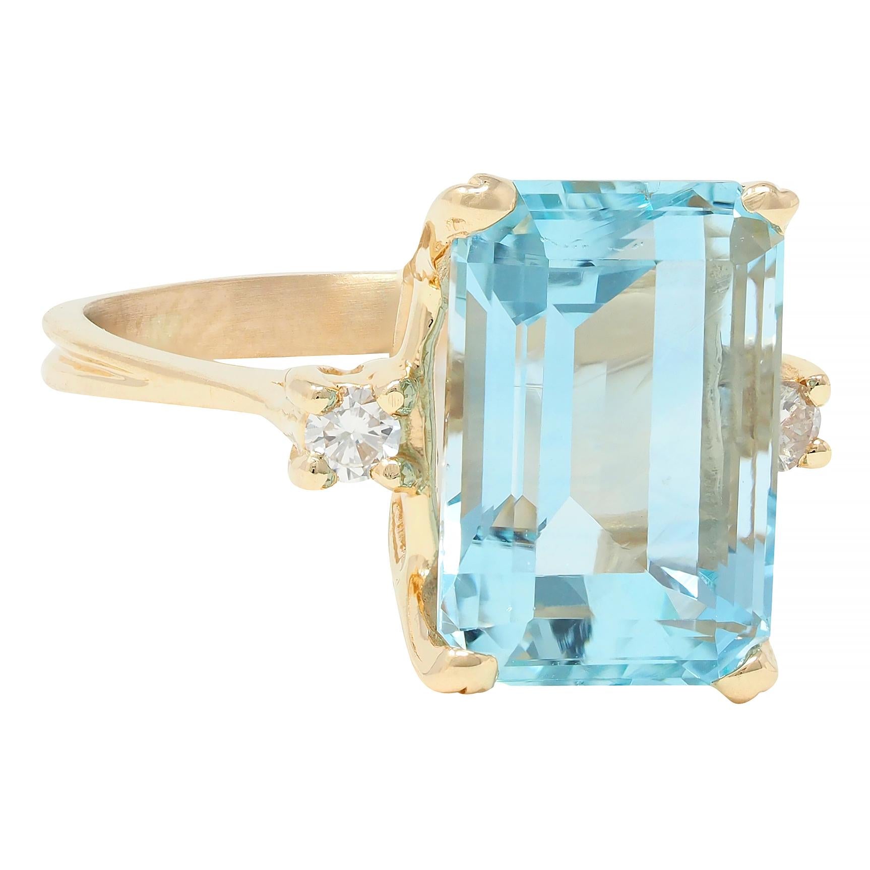 Retro 6.55 CTW Aquamarine Diamond 14 Karat Yellow Gold Vintage Ring