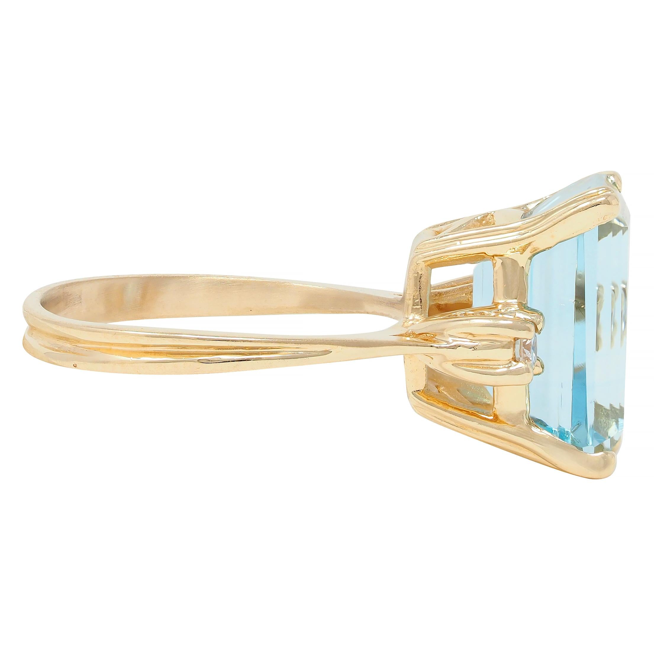 Retro 6.55 CTW Aquamarine Diamond 14 Karat Yellow Gold Vintage Ring