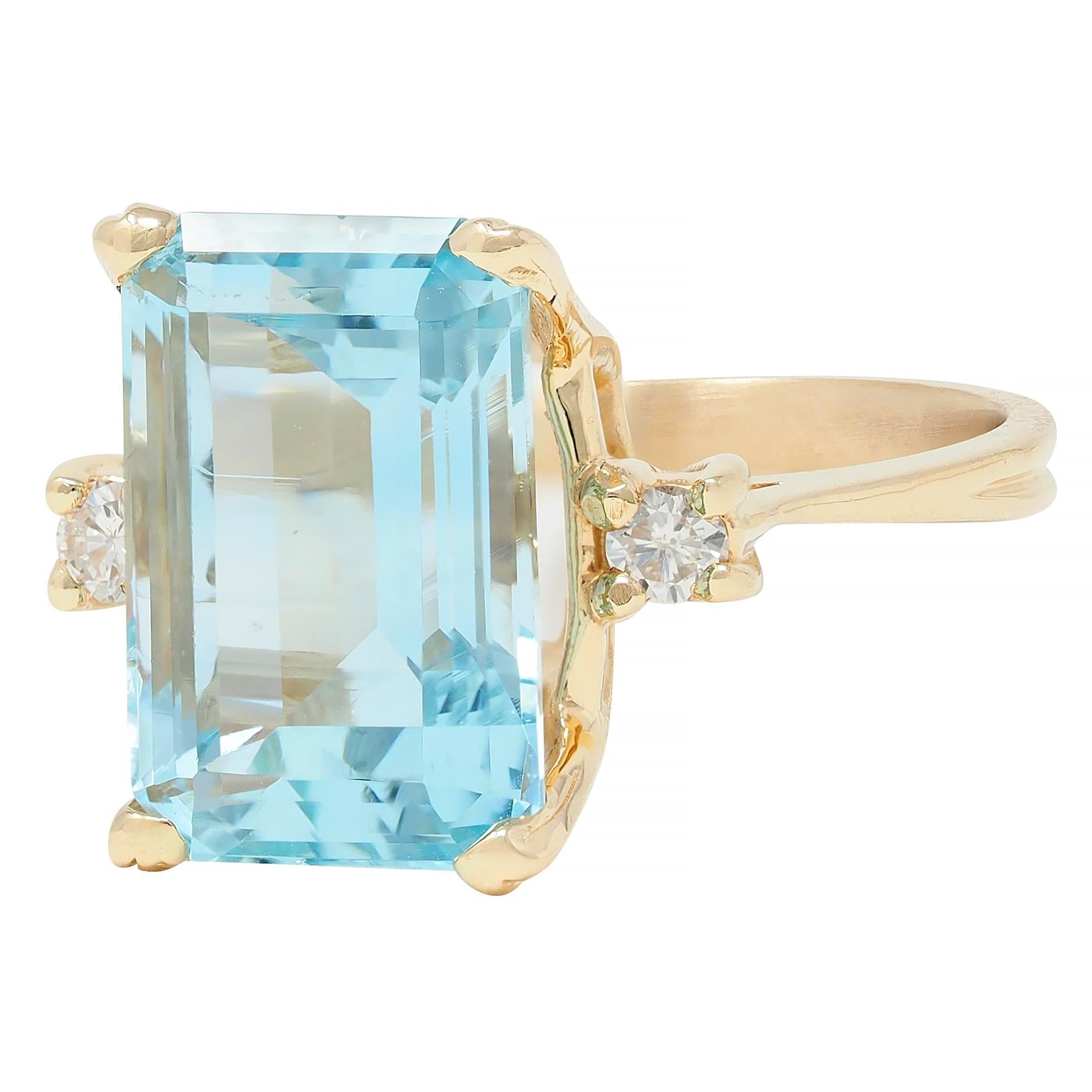 Retro 6.55 CTW Aquamarine Diamond 14 Karat Yellow Gold Vintage Ring