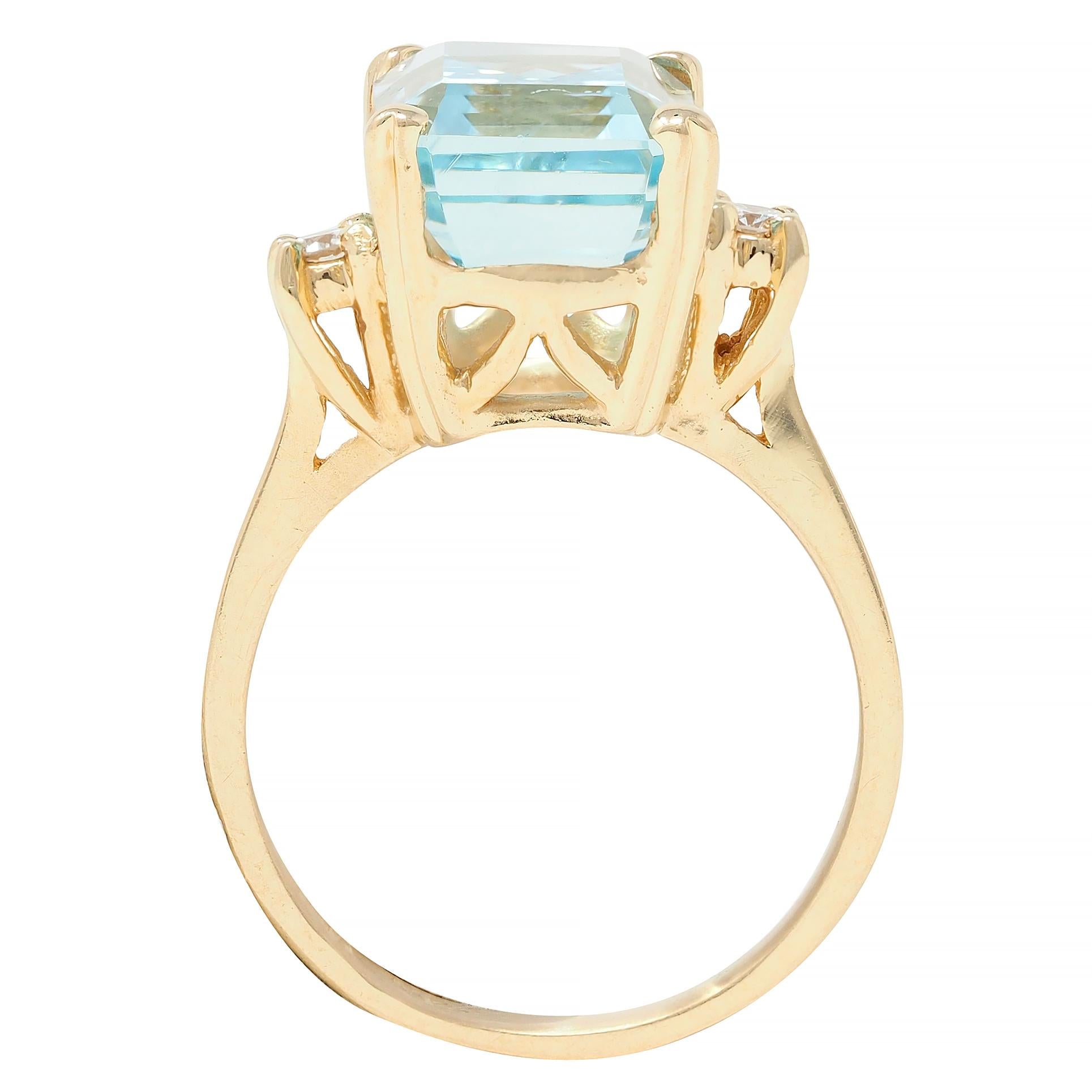 Retro 6.55 CTW Aquamarine Diamond 14 Karat Yellow Gold Vintage Ring