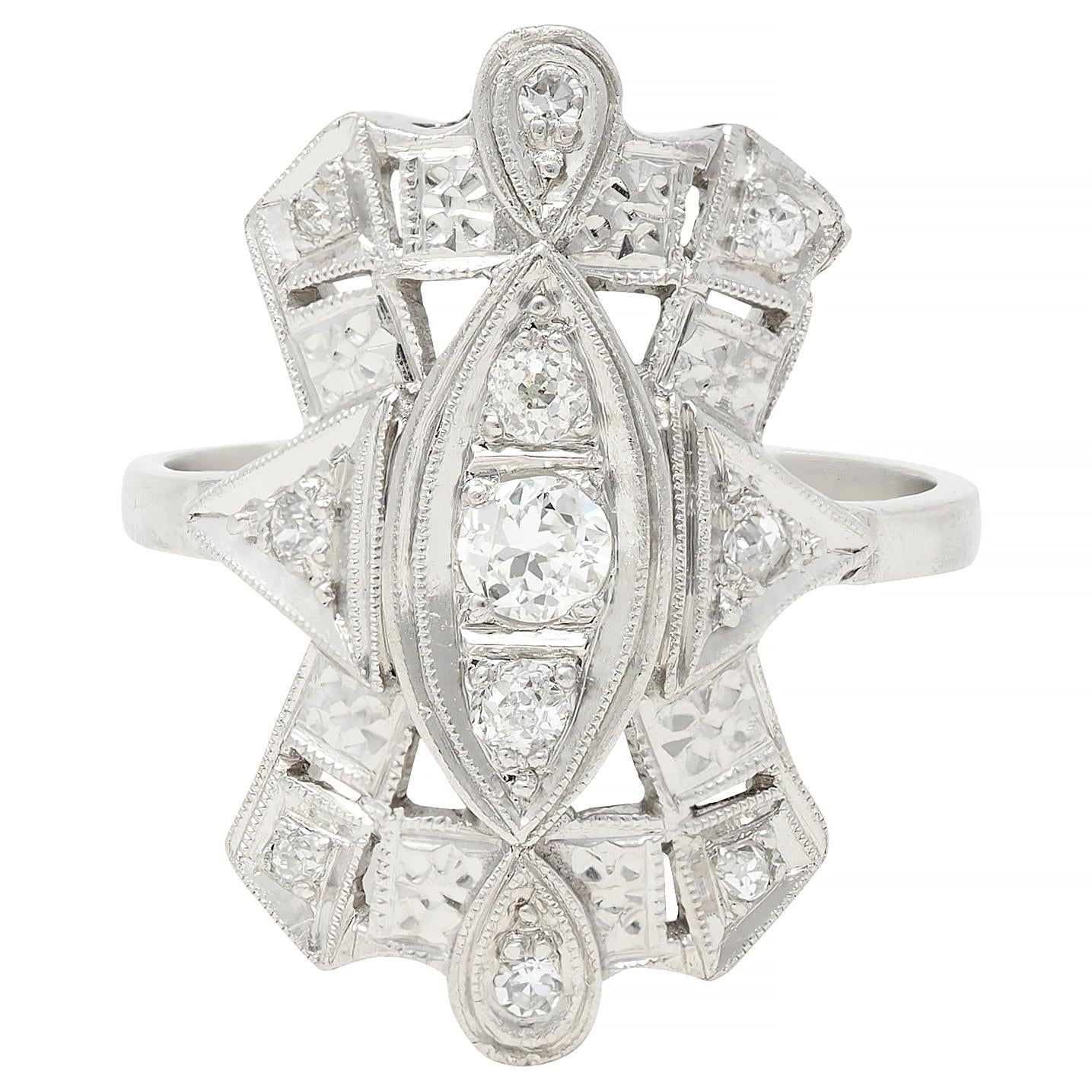 Art Deco Old European Diamond Platinum Vintage Geometric Dinner Ring