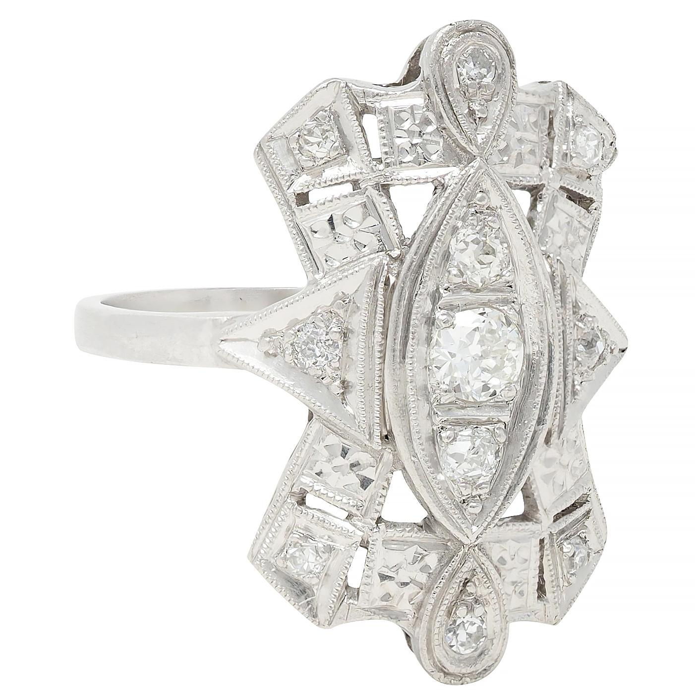 Art Deco Old European Diamond Platinum Vintage Geometric Dinner Ring