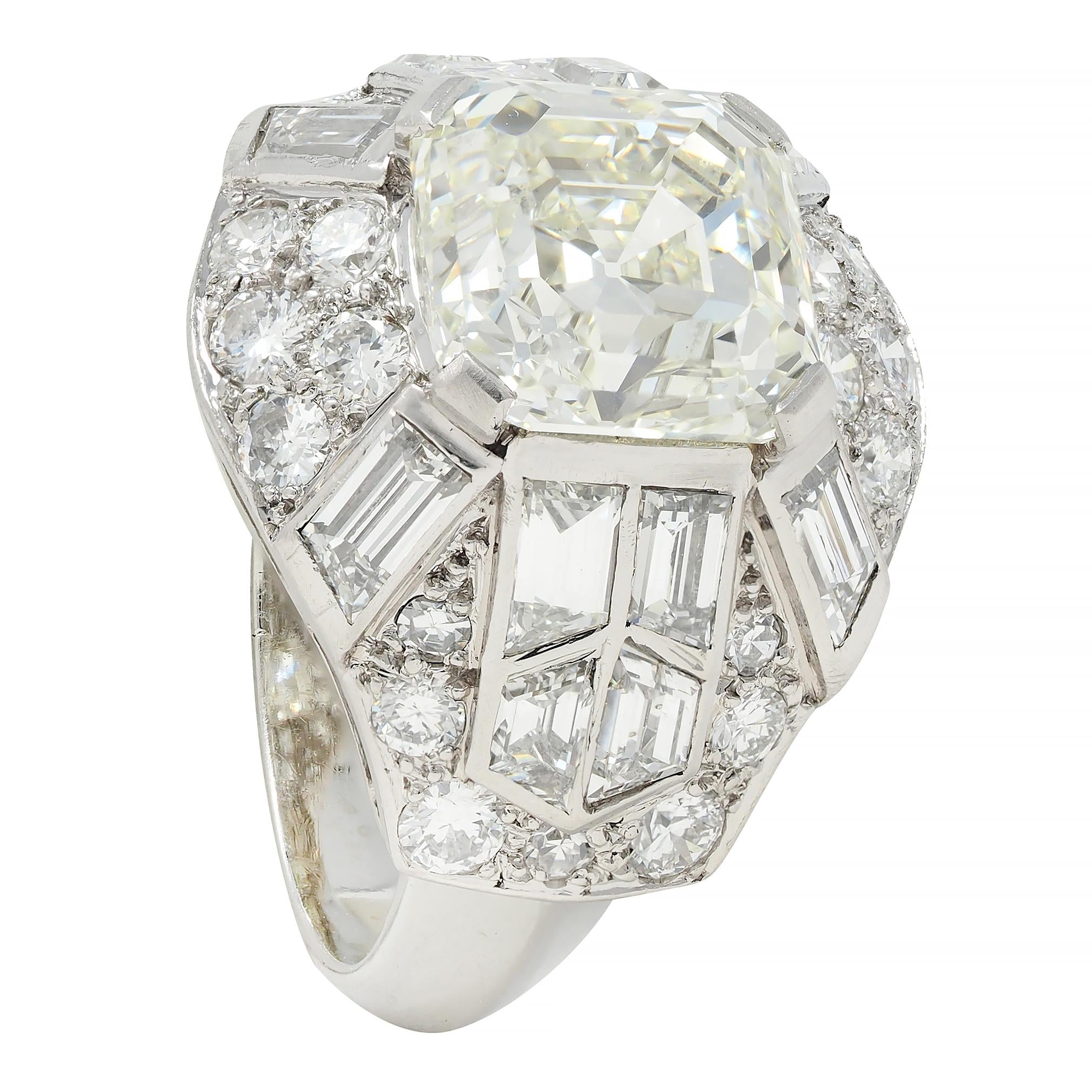 Mid-Century French 7.13 CTW Asscher Diamond Platinum 18K Gold Vintage Dome Ring