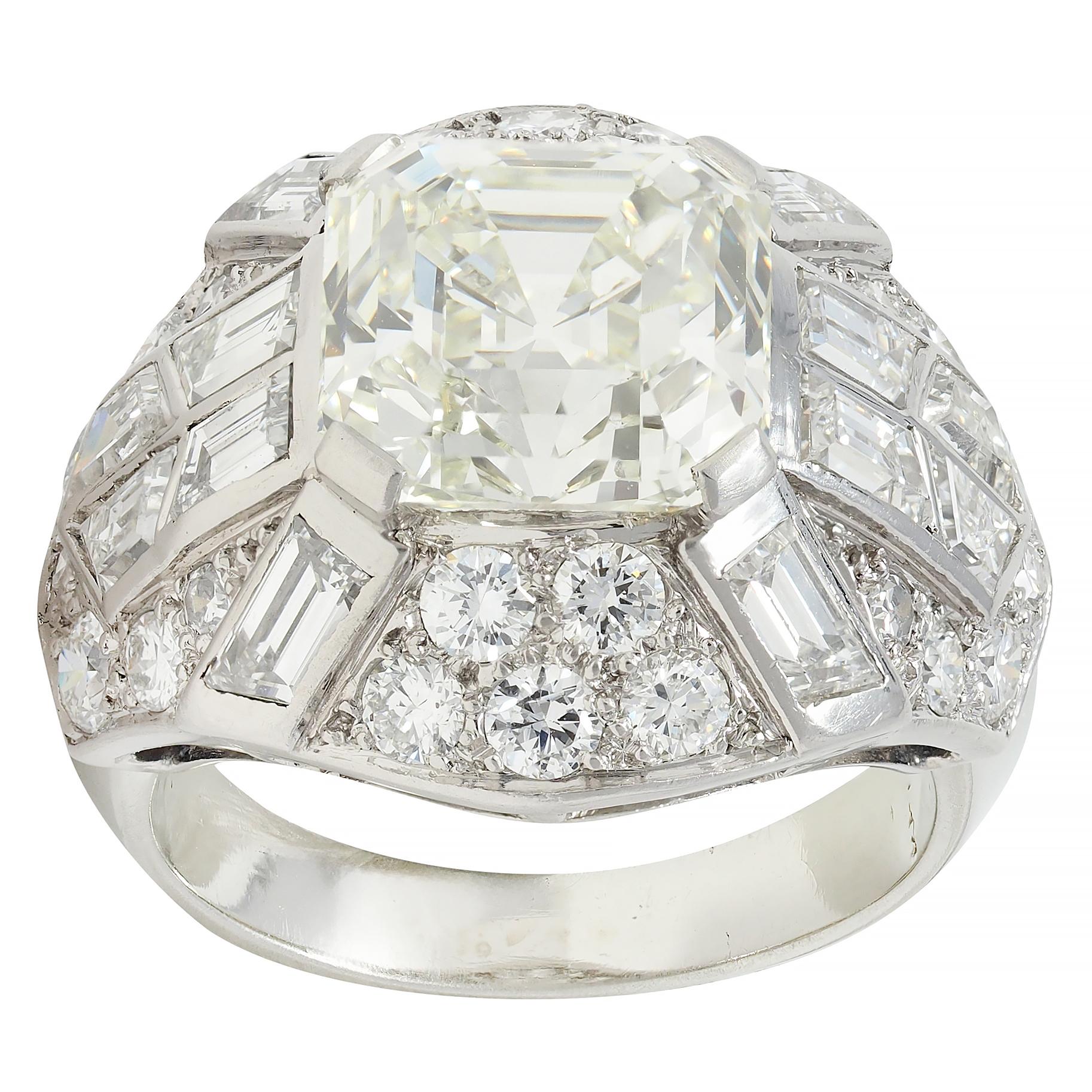 Mid-Century French 7.13 CTW Asscher Diamond Platinum 18K Gold Vintage Dome Ring