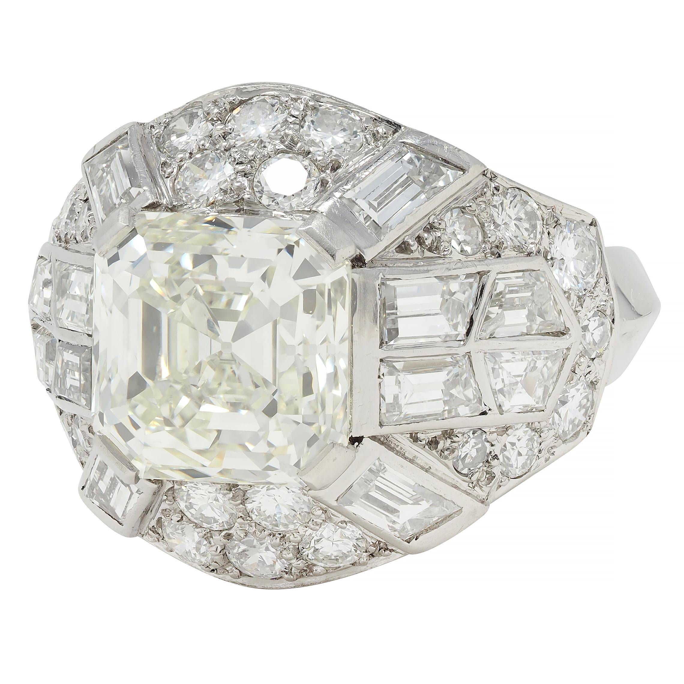 Mid-Century French 7.13 CTW Asscher Diamond Platinum 18K Gold Vintage Dome Ring