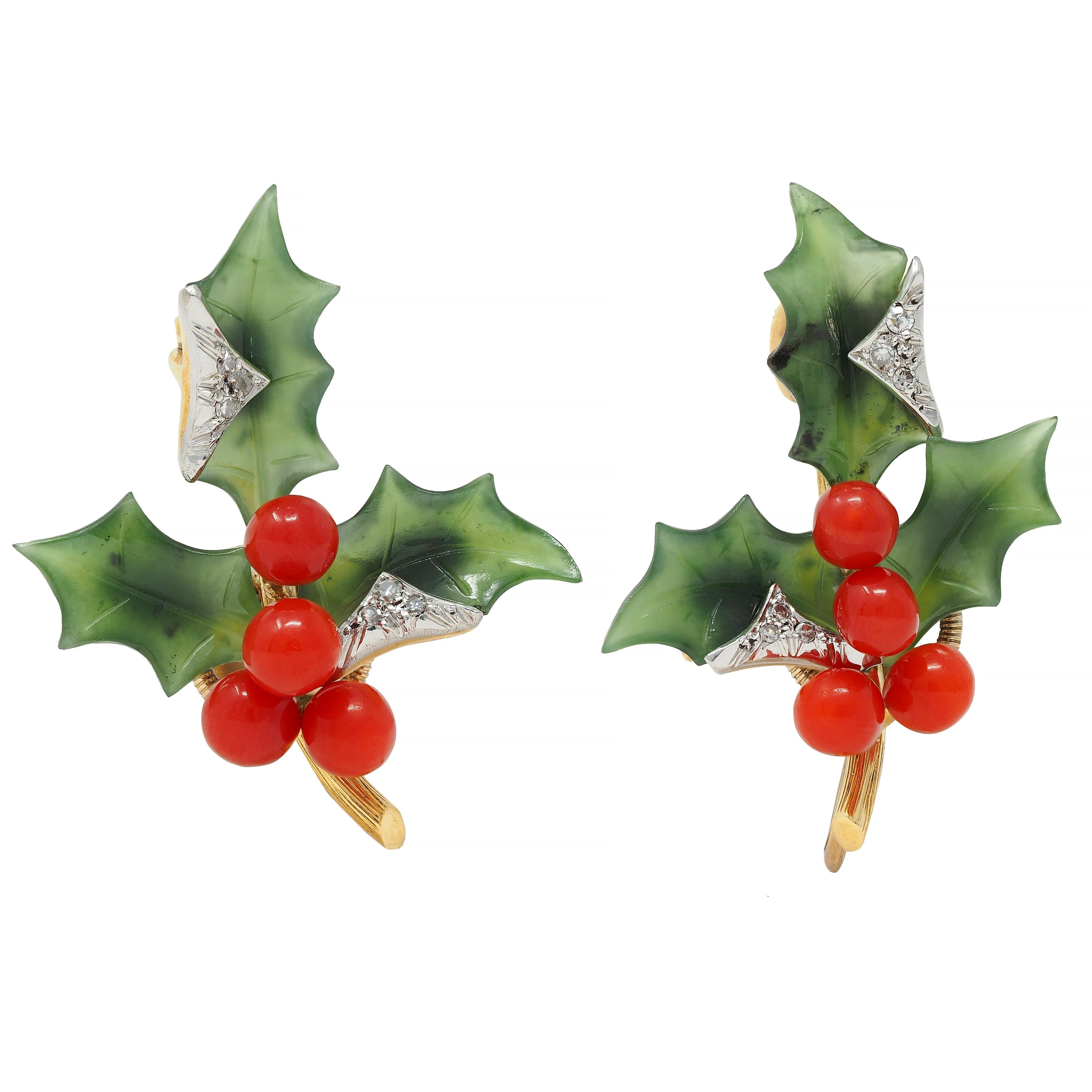 Mid-Century Diamond Jade Carnelian Platinum 14K Gold Vintage Holly Earrings