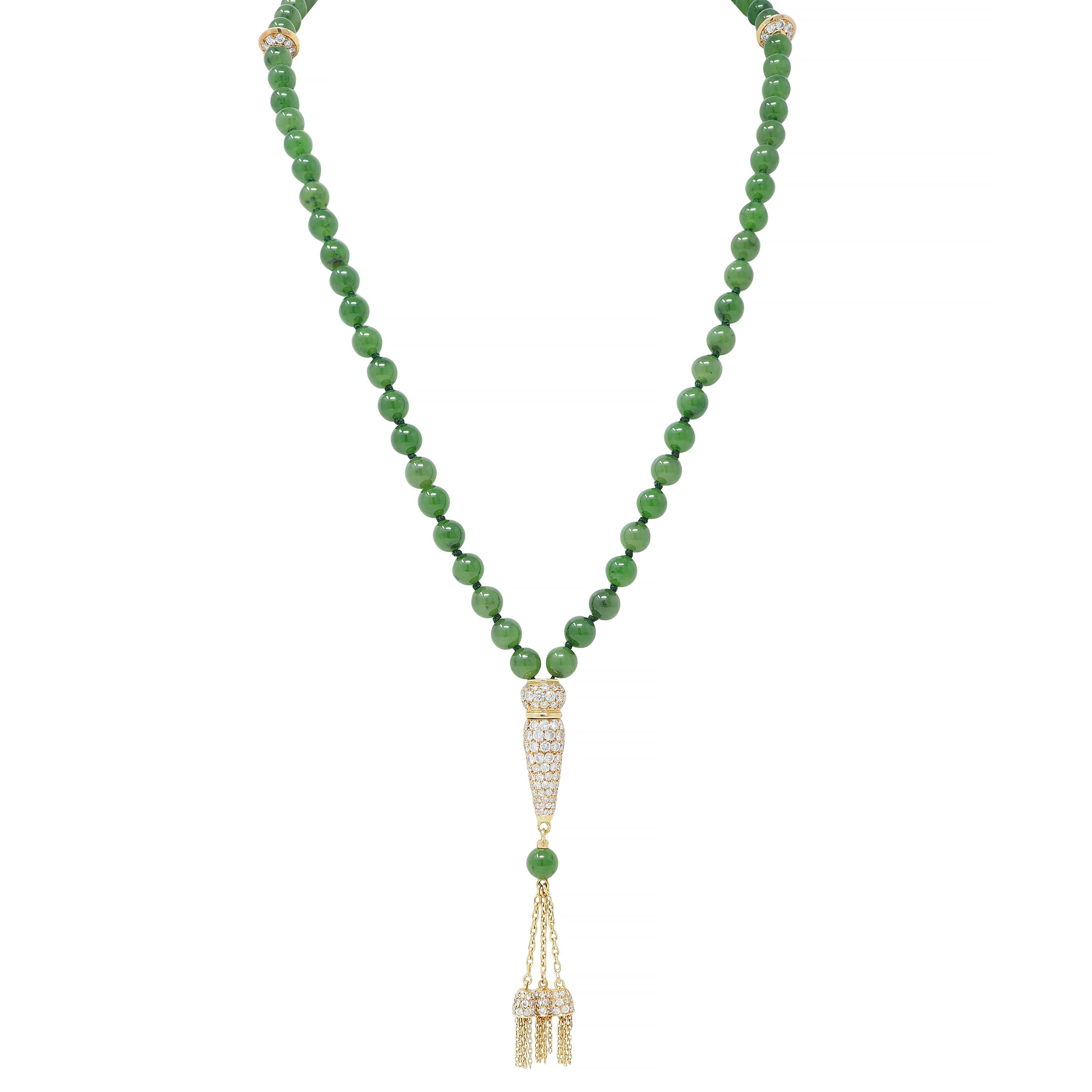 Boucheron French 1970's Diamond Jade Bead 18K Gold Vintage Sautoir Necklace