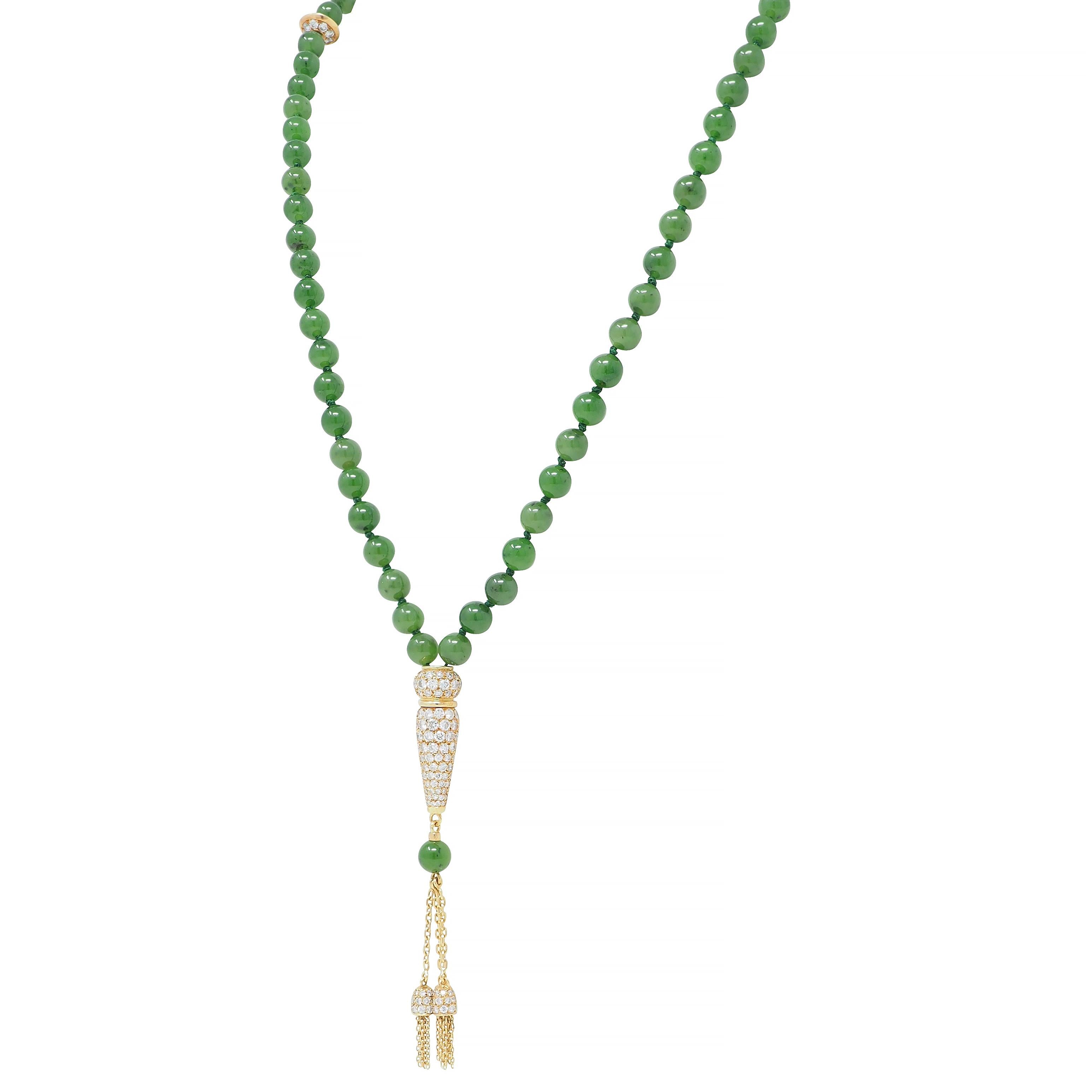 Boucheron French 1970's Diamond Jade Bead 18K Gold Vintage Sautoir Necklace