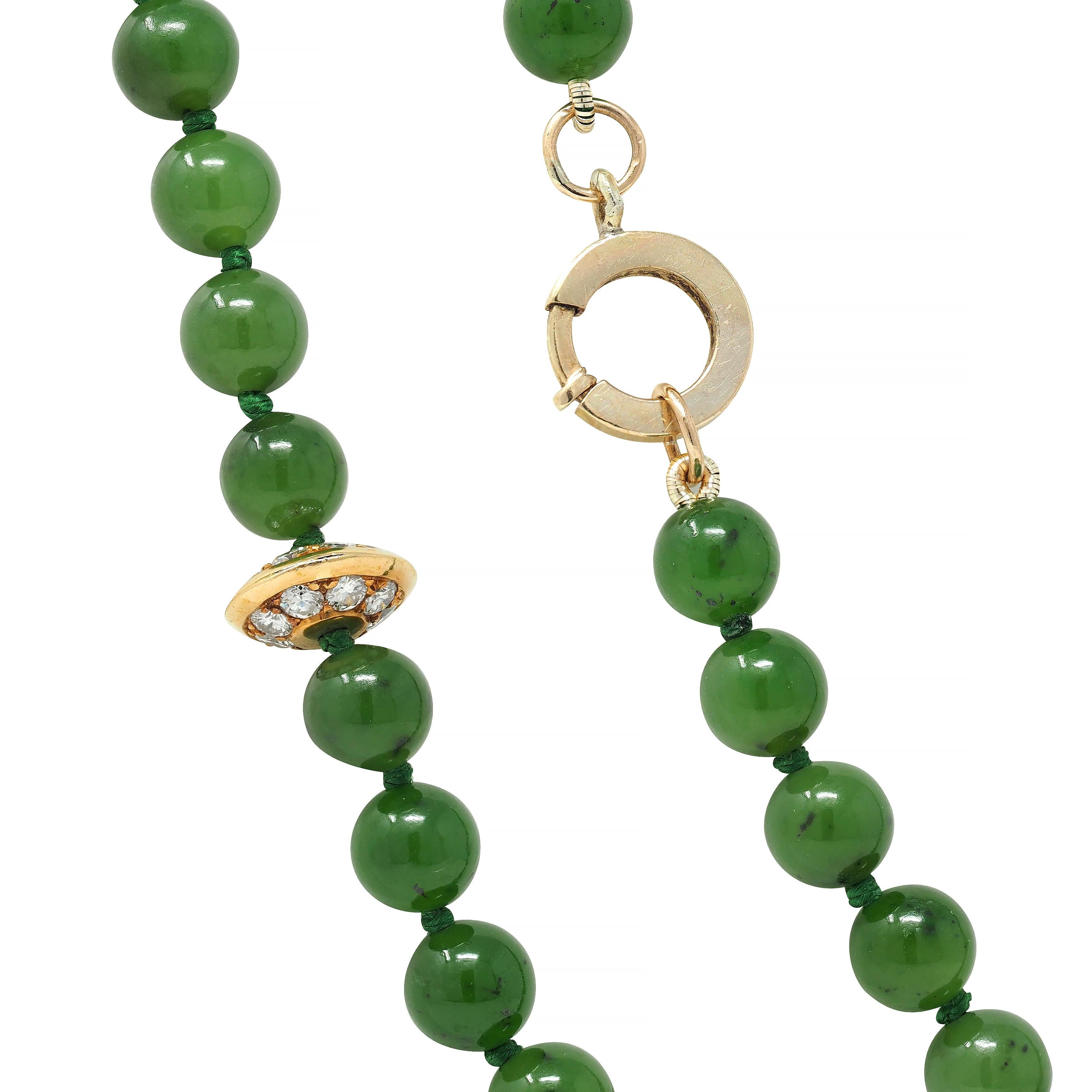 Boucheron French 1970's Diamond Jade Bead 18K Gold Vintage Sautoir Necklace