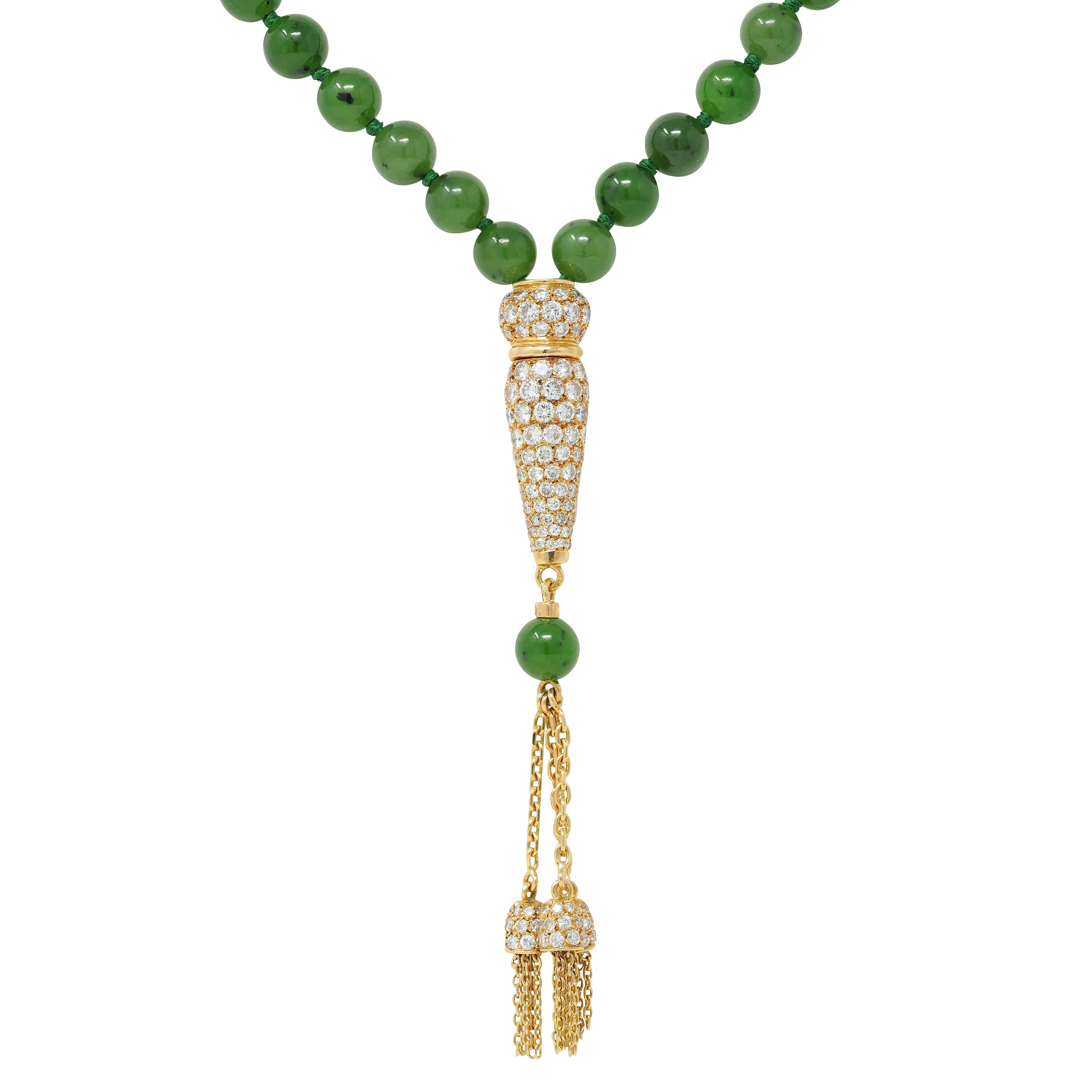 Boucheron French 1970's Diamond Jade Bead 18K Gold Vintage Sautoir Necklace