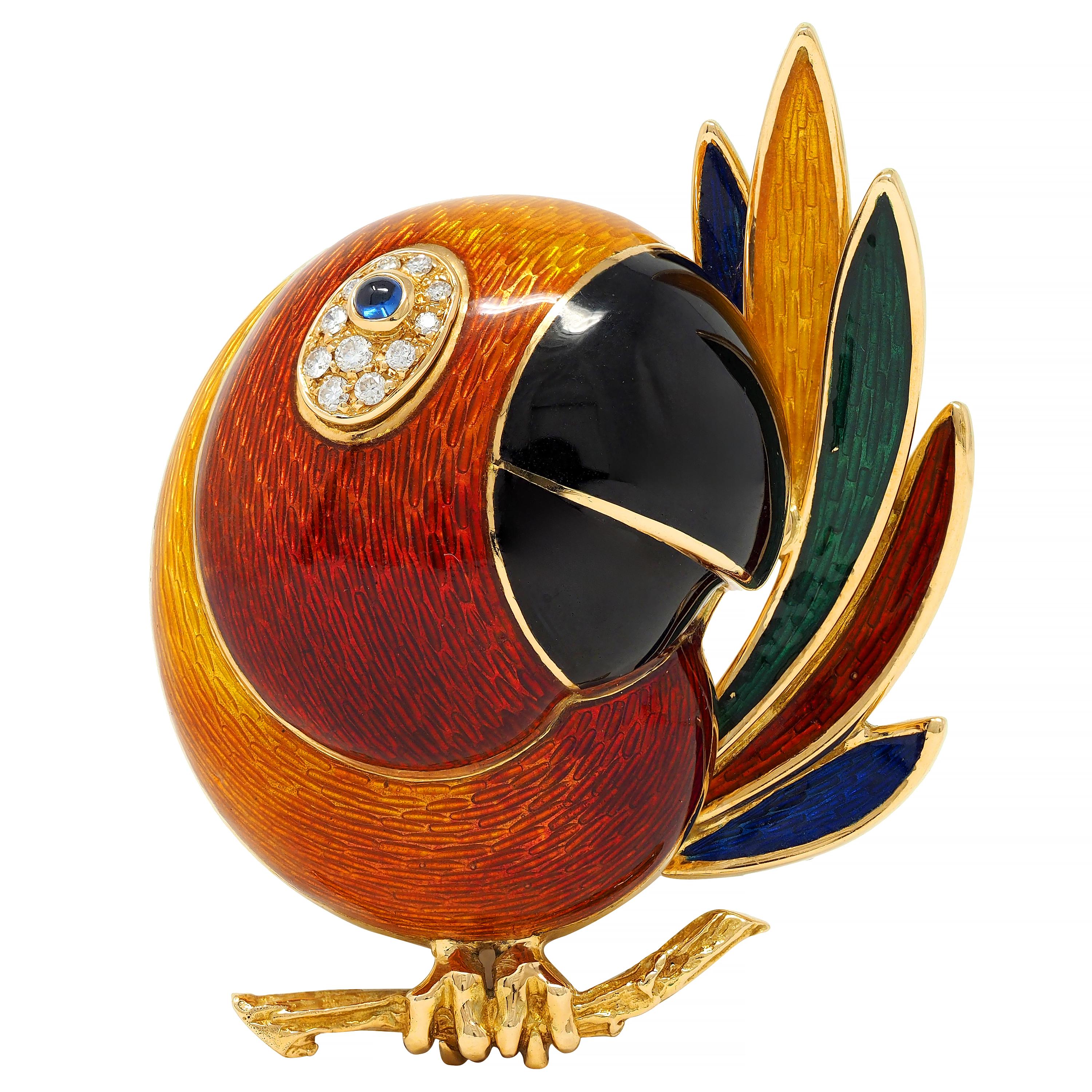 1980's Sapphire Diamond Enamel 18 Karat Yellow Gold Vintage Tucan Brooch