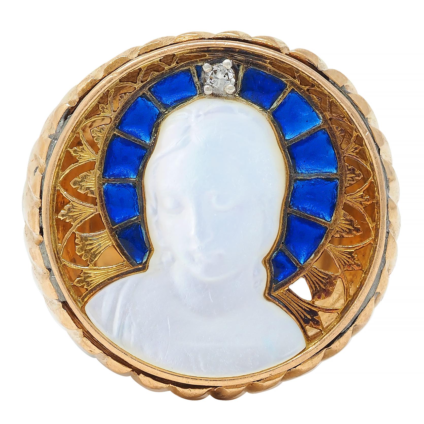 1960's Mother-Of-Pearl Diamond Enamel 18K Gold Vintage Rose Window Madonna Ring