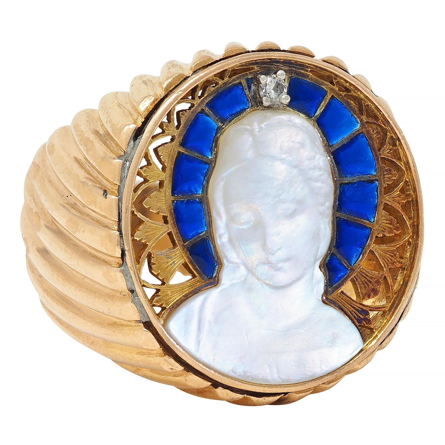 1960's Mother-Of-Pearl Diamond Enamel 18K Gold Vintage Rose Window Madonna Ring