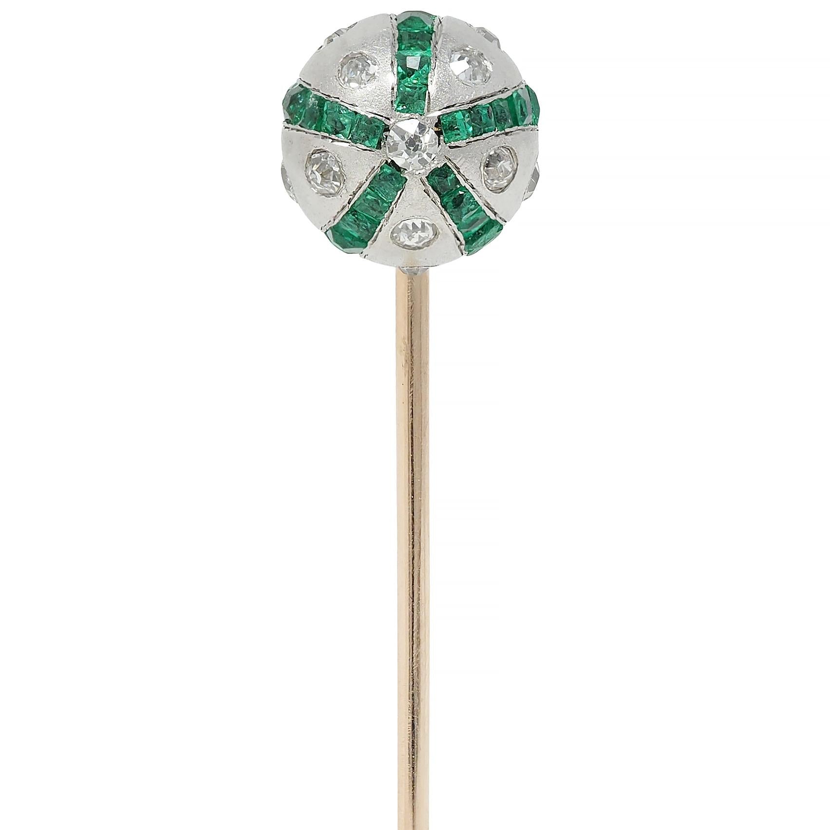 Art Deco 1.08 CTW Diamond Emerald Platinum 14K Gold Vintage Ball Stickpin