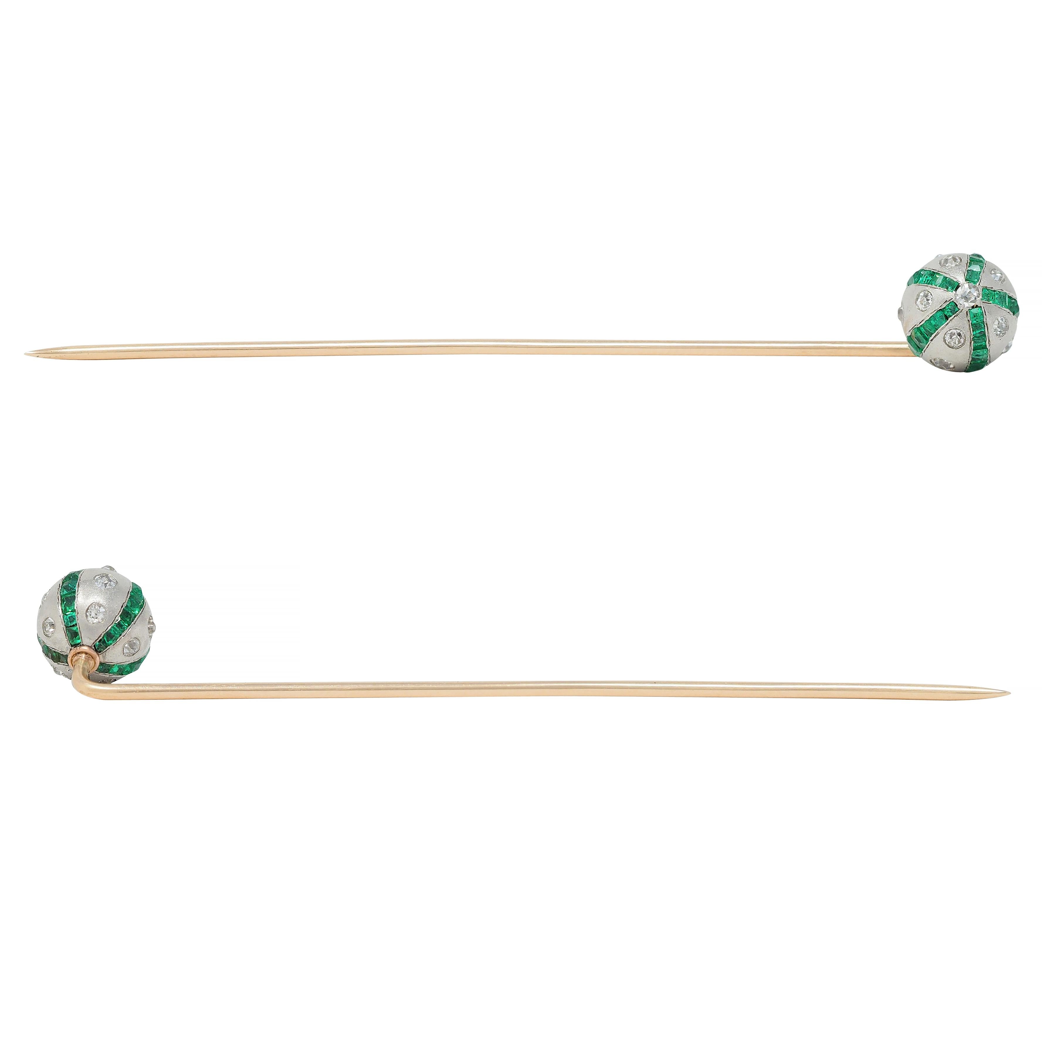 Art Deco 1.08 CTW Diamond Emerald Platinum 14K Gold Vintage Ball Stickpin