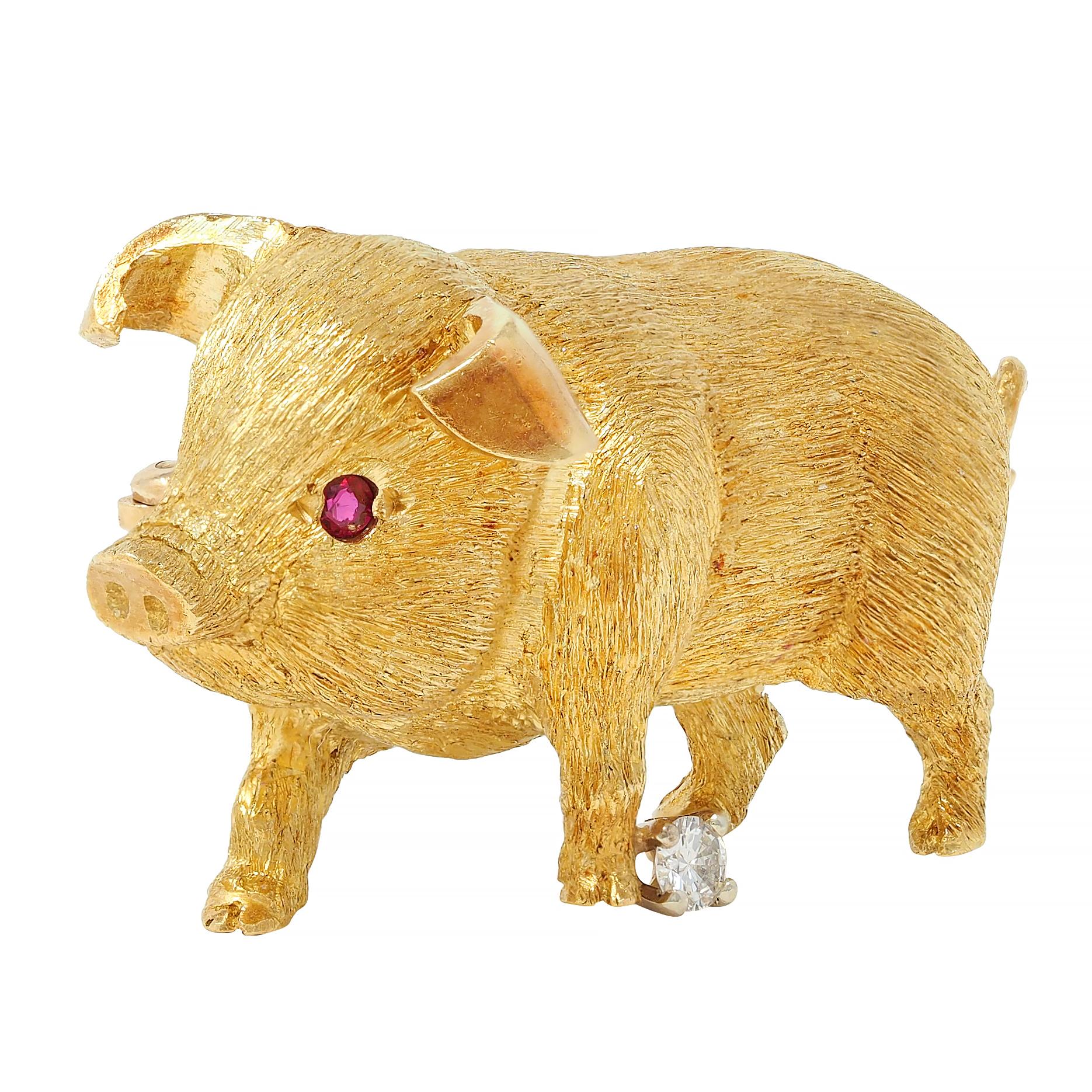 George Lederman 1960's Ruby Diamond 18 Karat Two-Tone Gold Vintage Pig Brooch