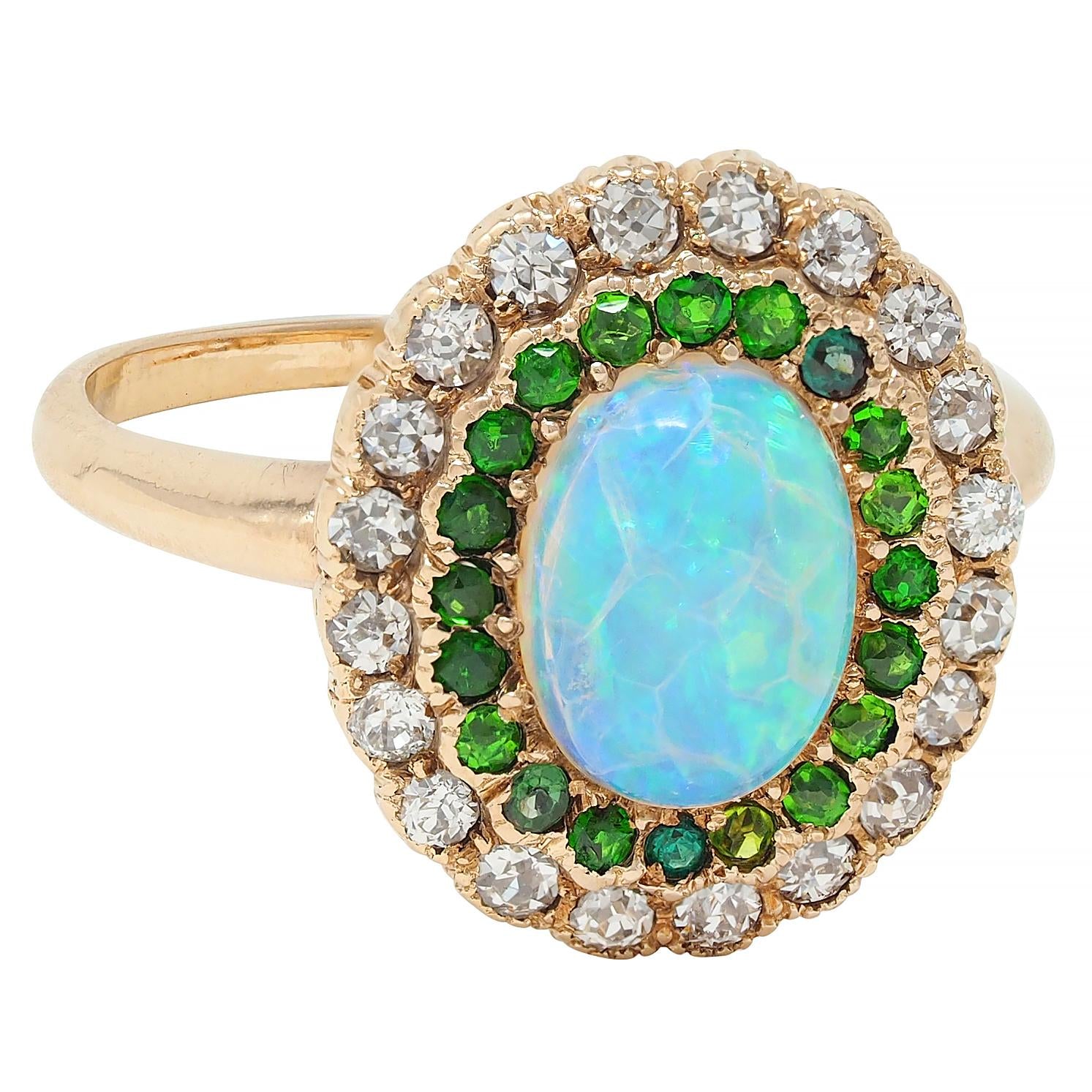 Edwardian Diamond Demantoid Garnet Opal 14 Karat Yellow Gold Antique Halo Ring