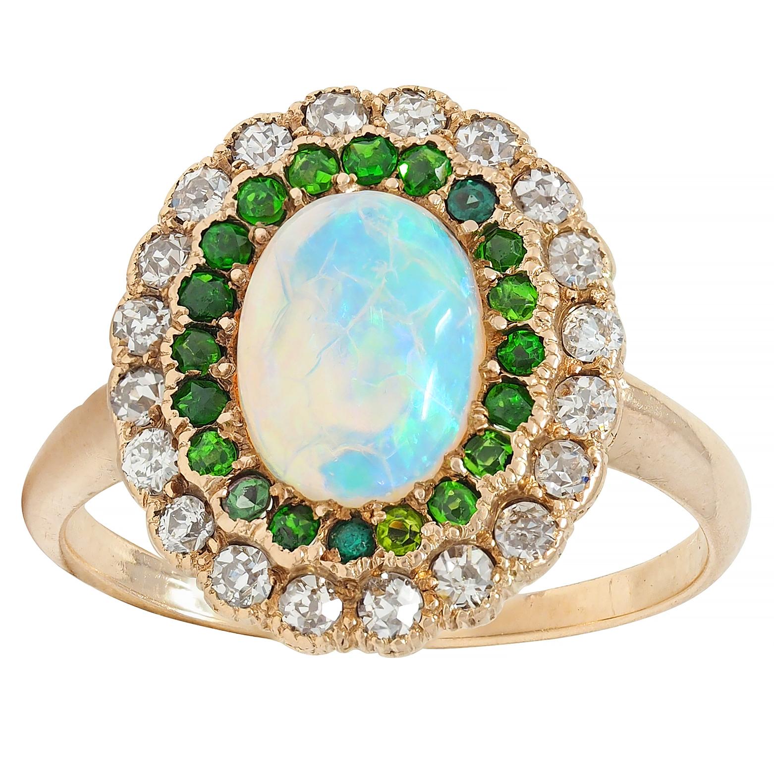 Edwardian Diamond Demantoid Garnet Opal 14 Karat Yellow Gold Antique Halo Ring