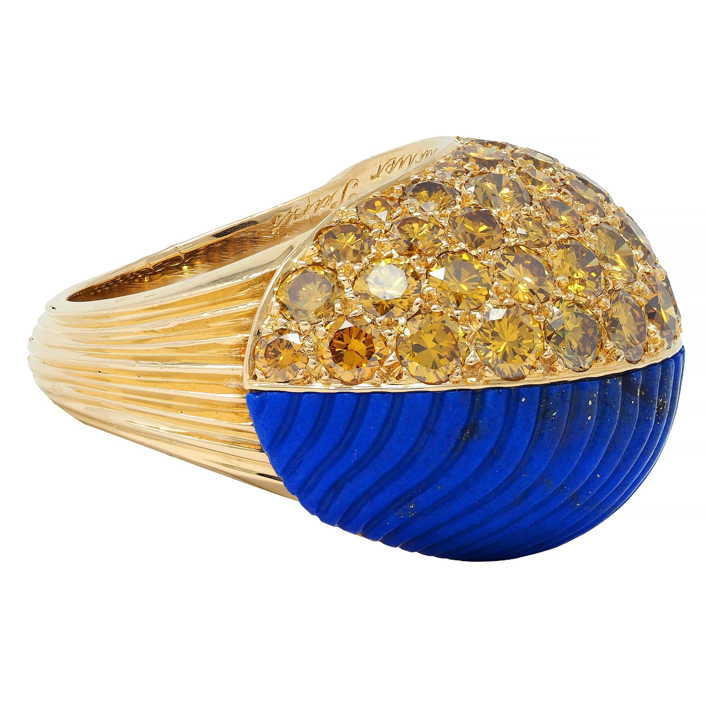 Cartier Paris 1960's 4.62 CTW Yellow Diamond Lapis 18K Gold Vintage Boule Ring